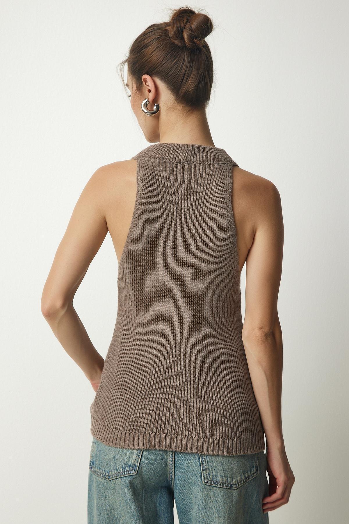 Brown Halter Neck Buttoned Vest, Mink, large image number 4