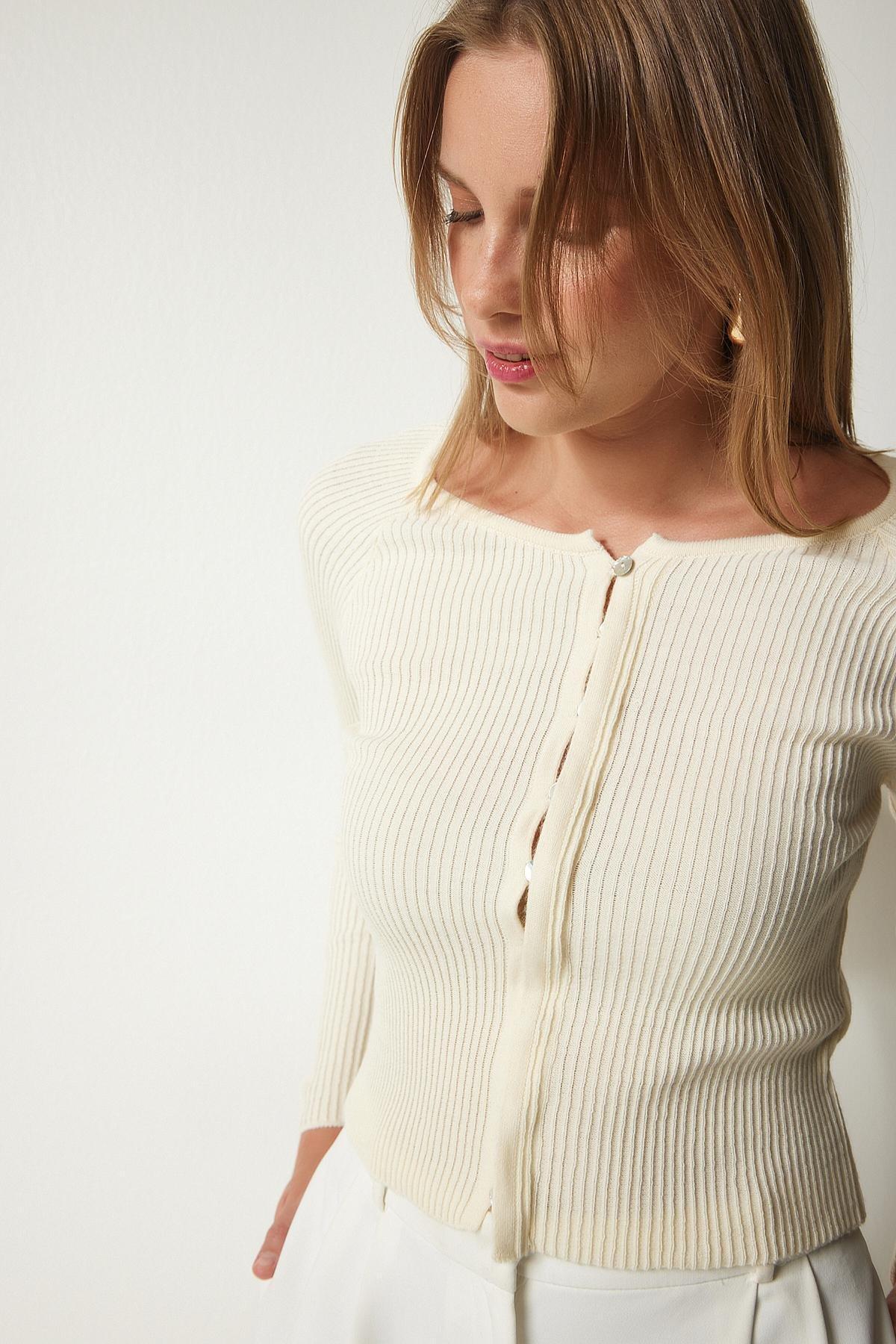 Happiness Istanbul - Cream Buttoned Ribbed Knitwear Cardigan