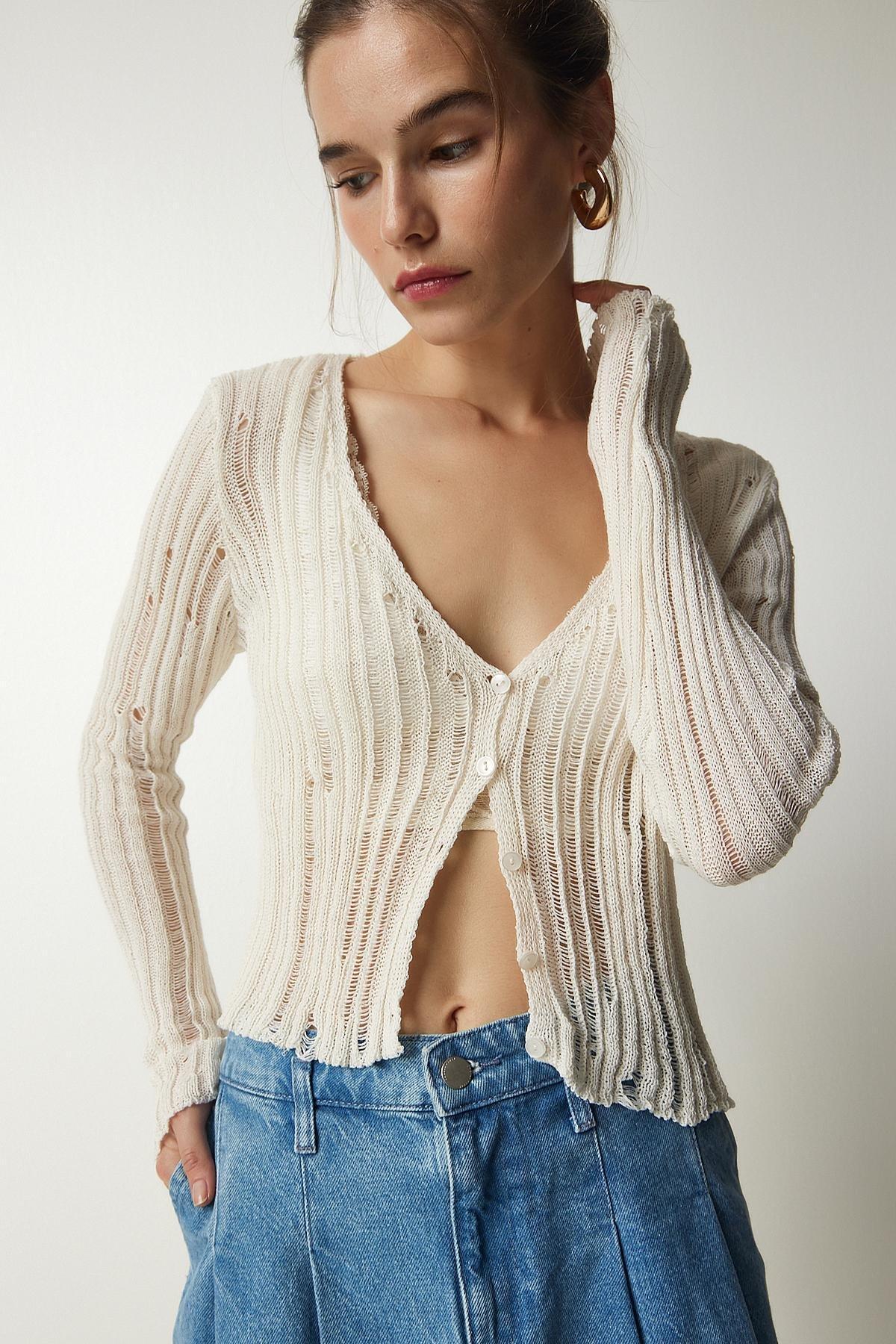 Happiness Istanbul - White Ripped Detailed Buttoned Knitwear Cardigan
