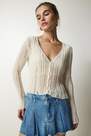 Happiness - White Ripped Detailed Buttoned Knitwear Cardigan