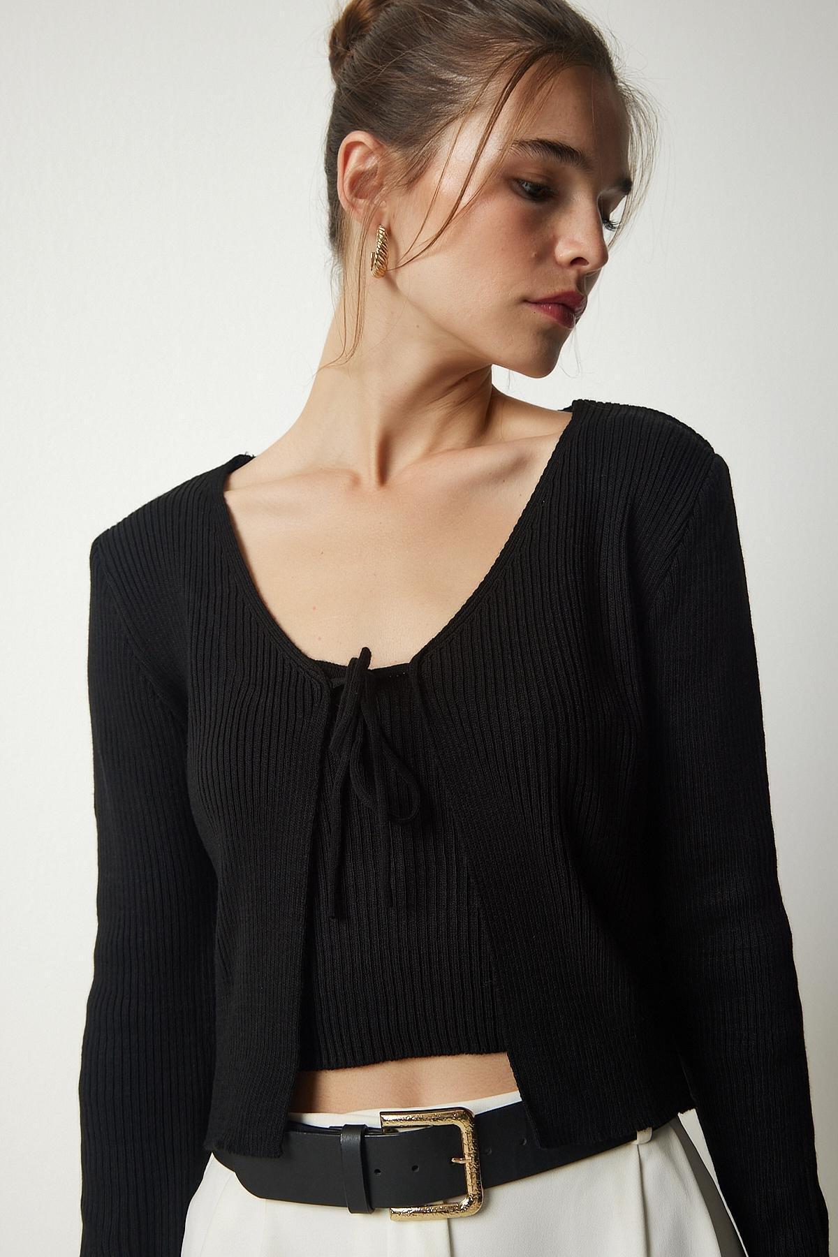 Black Ribbed Knitwear Crop Suit, BLACK, large image number 0