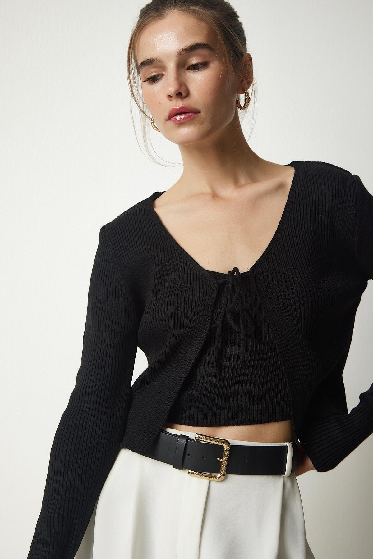 Black Ribbed Knitwear Crop Suit, BLACK, large image number 1