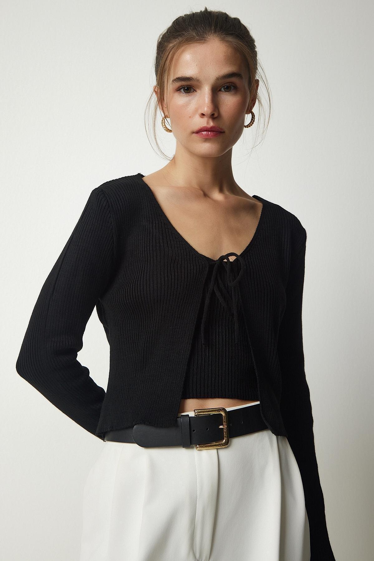 Black Ribbed Knitwear Crop Suit, BLACK, large image number 2