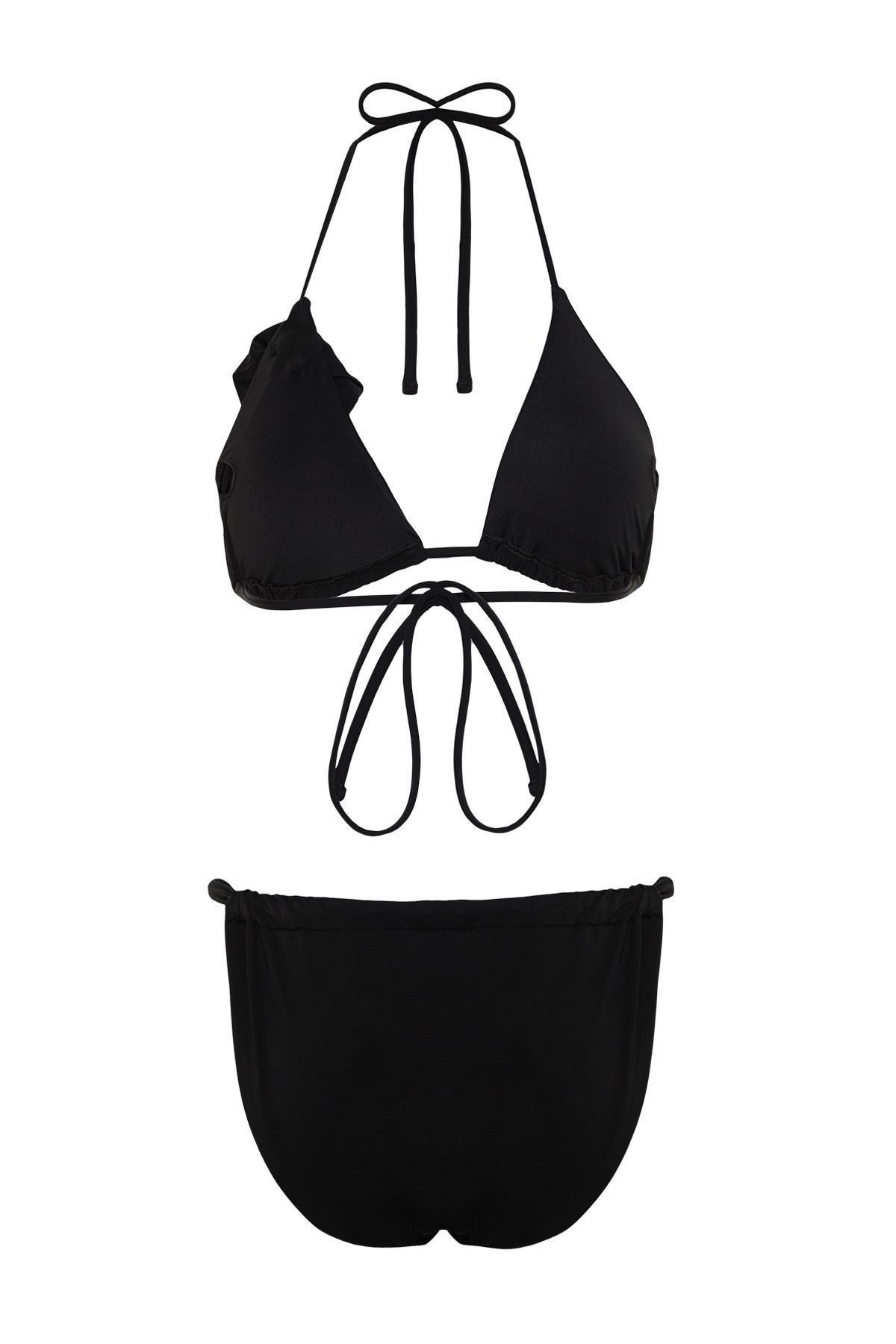 Trendyol - Black Triangle Floral Appliqued Bikini Set