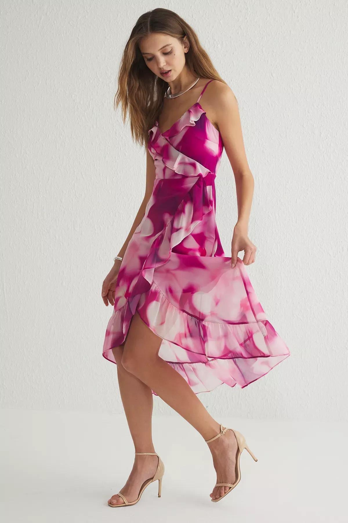 Pink Floral Double-Breasted Midi Lined Dress, , large image number 0