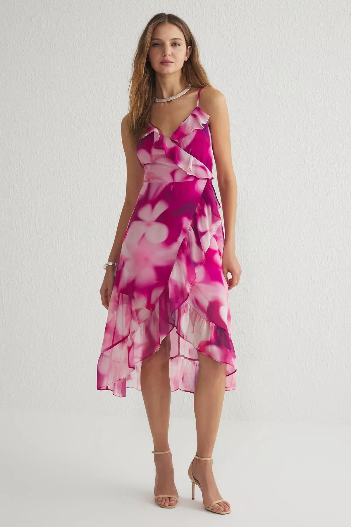 Pink Floral Double-Breasted Midi Lined Dress, , large image number 1