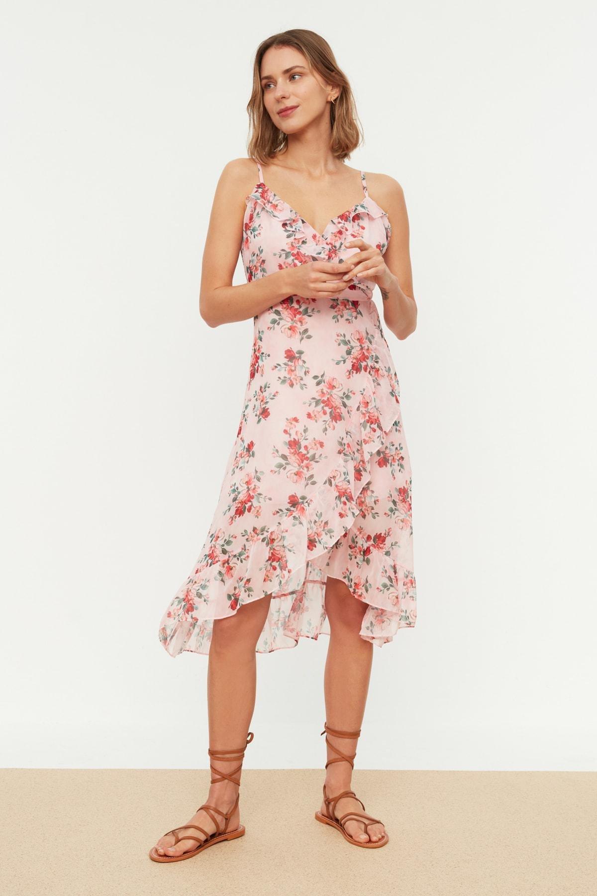 Pink Floral Wrapover Midi Dress, , large image number 0