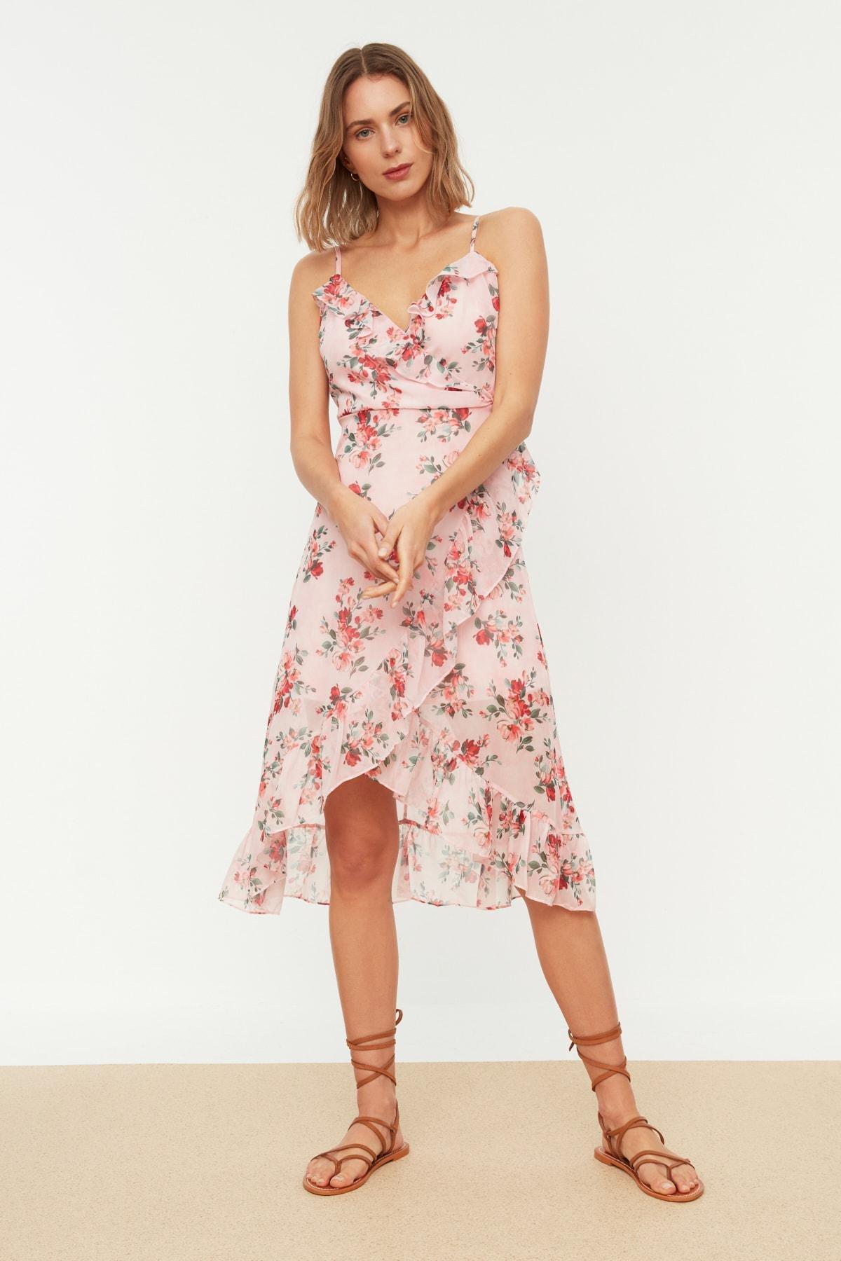 Pink Floral Wrapover Midi Dress, , large image number 1