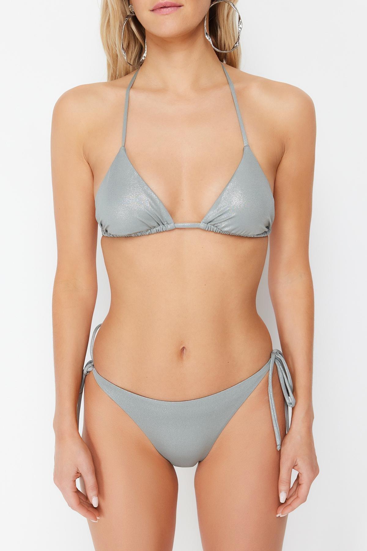 Trendyol - Grey Triangle Tie Shiny Printed Bikini Set