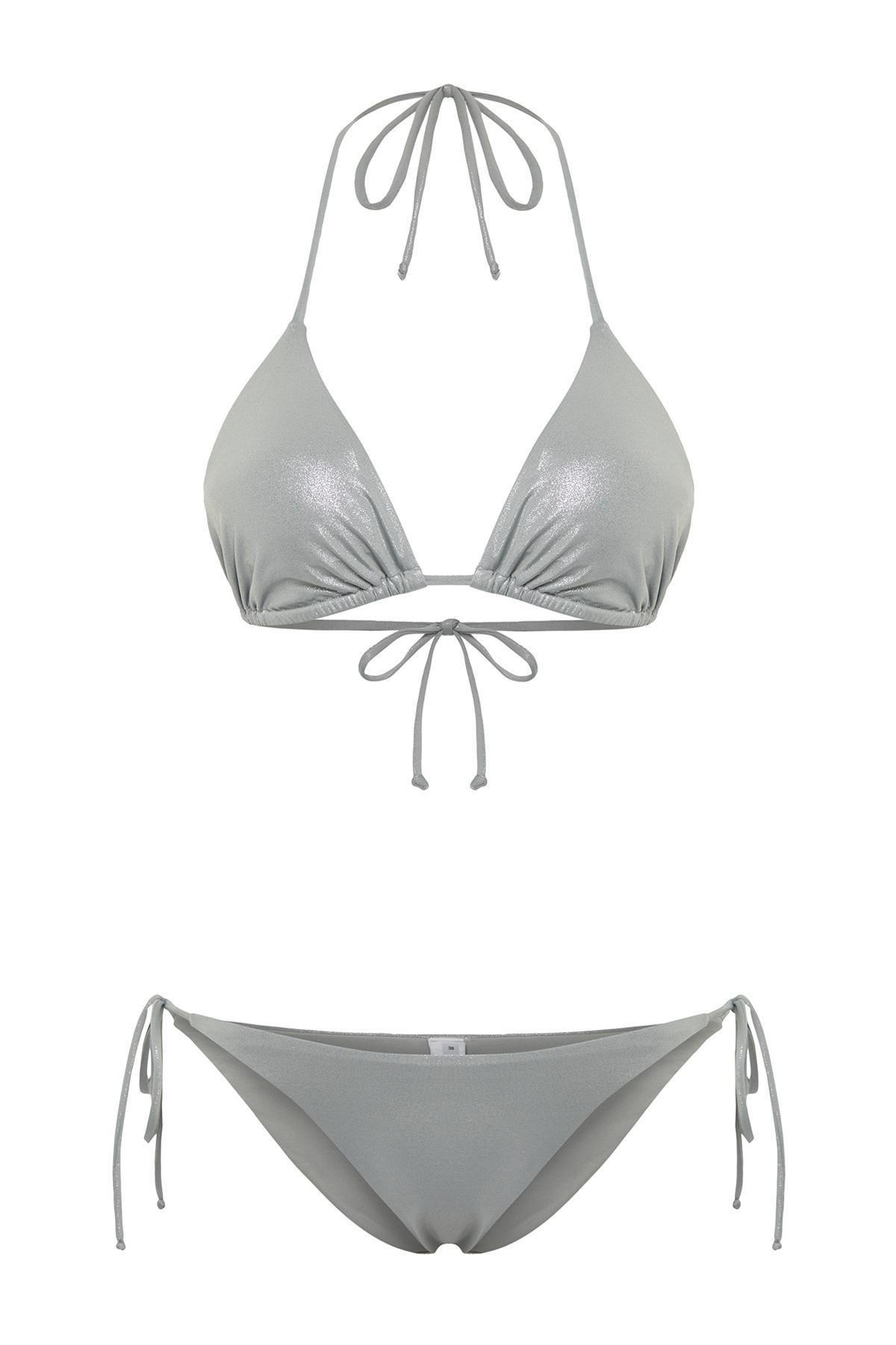 Trendyol - Grey Triangle Tie Shiny Printed Bikini Set