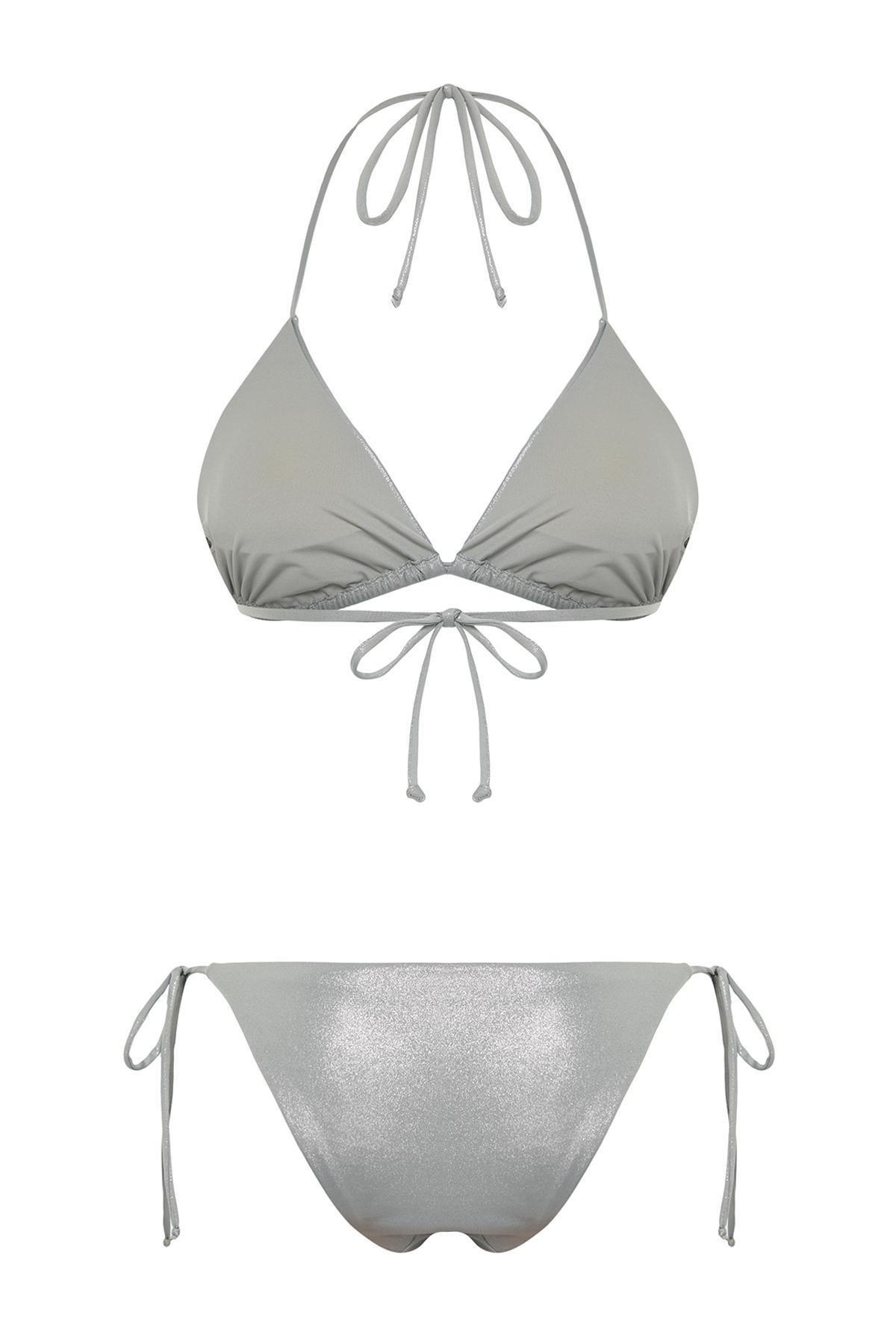 Trendyol - Grey Triangle Tie Shiny Printed Bikini Set