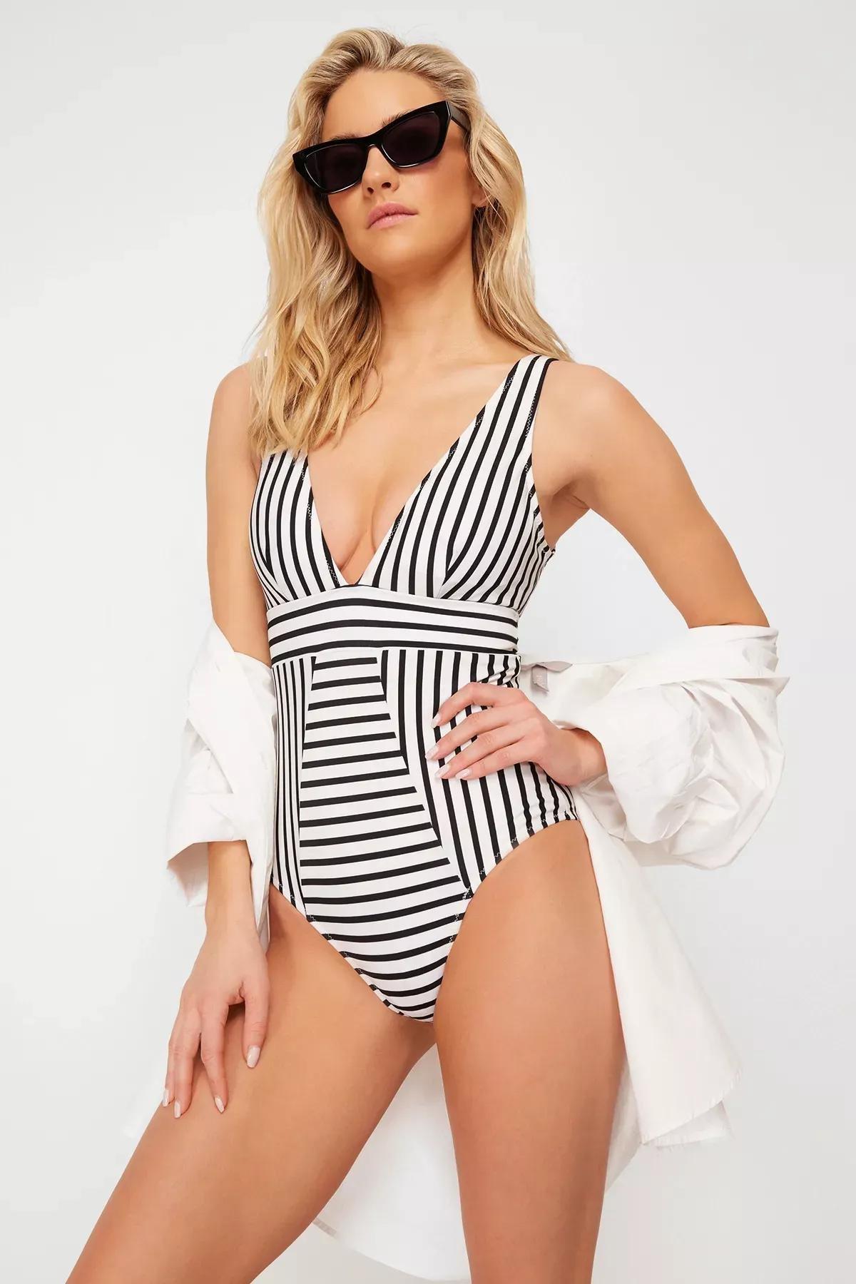 Multicolour Striped V-Neck Recovery Swimsuit, C101_1458, large image number 0