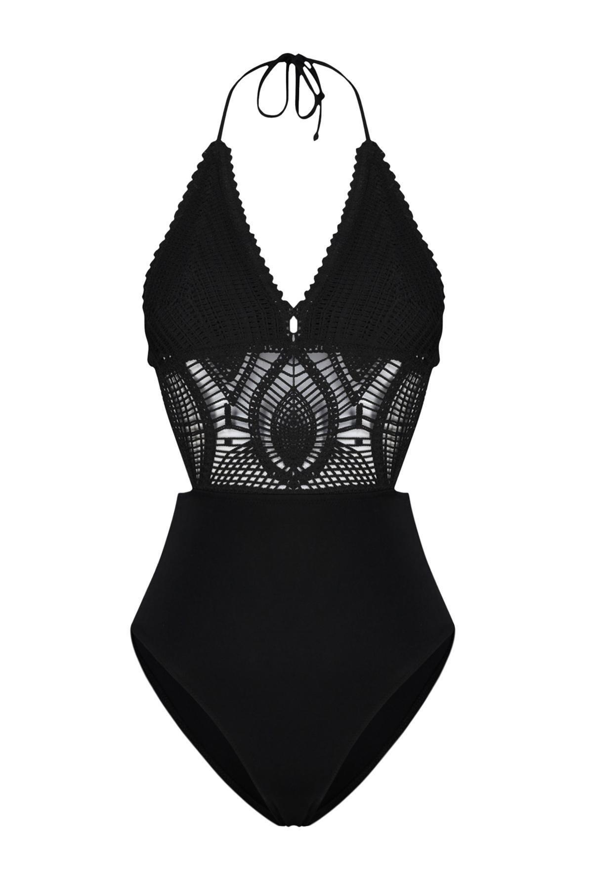 Black V-Neck Knitted Swimsuit, , large image number 3