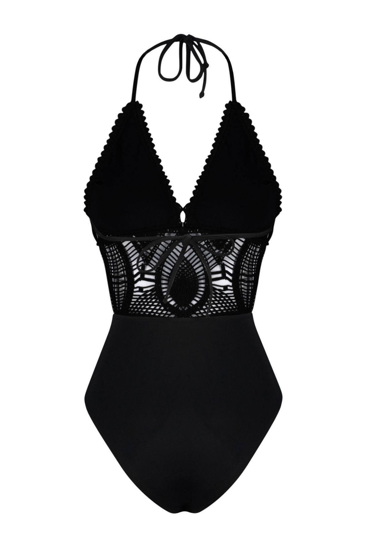 Black V-Neck Knitted Swimsuit, , large image number 4