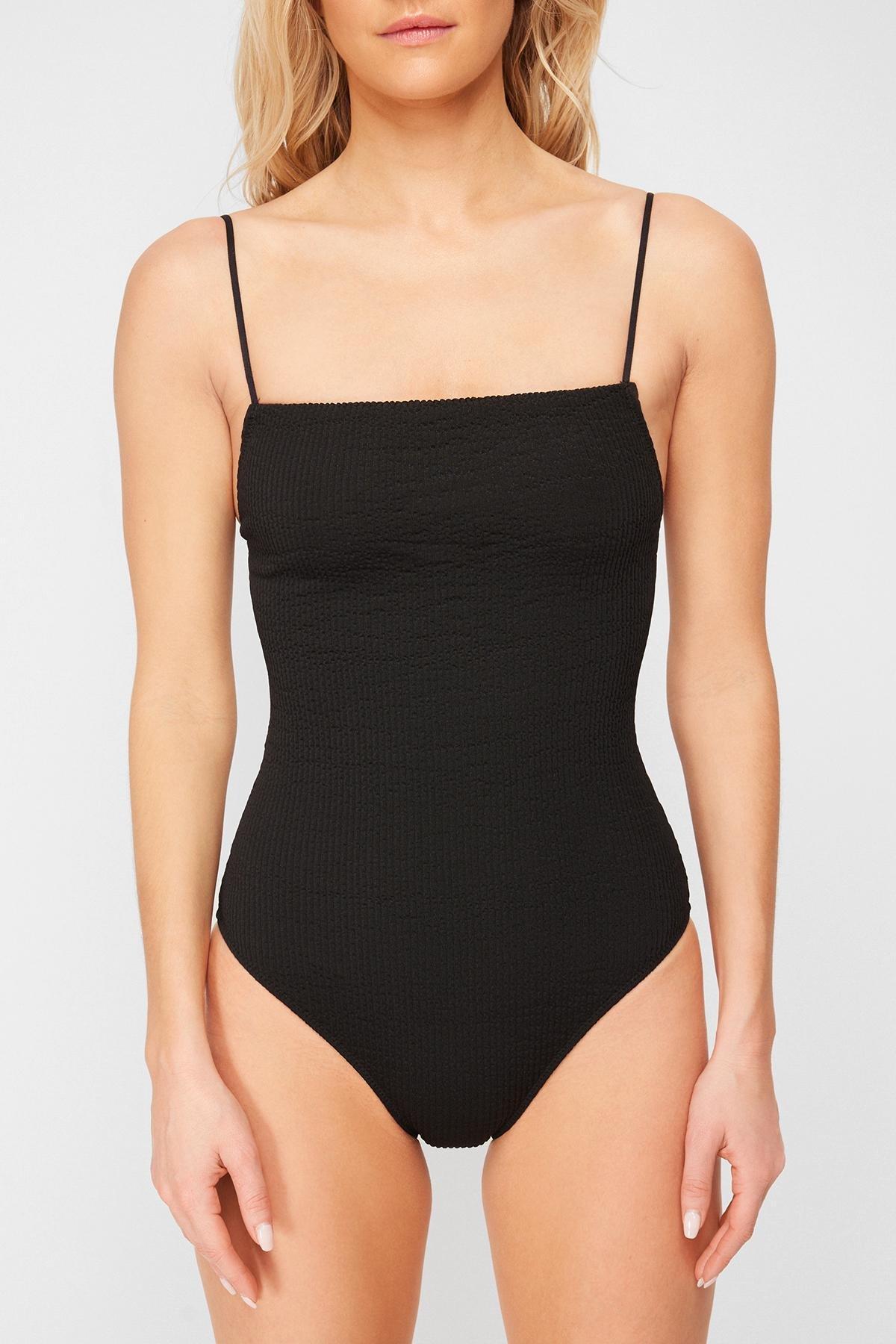 Trendyol - Black Square Neck Textured Swimsuit