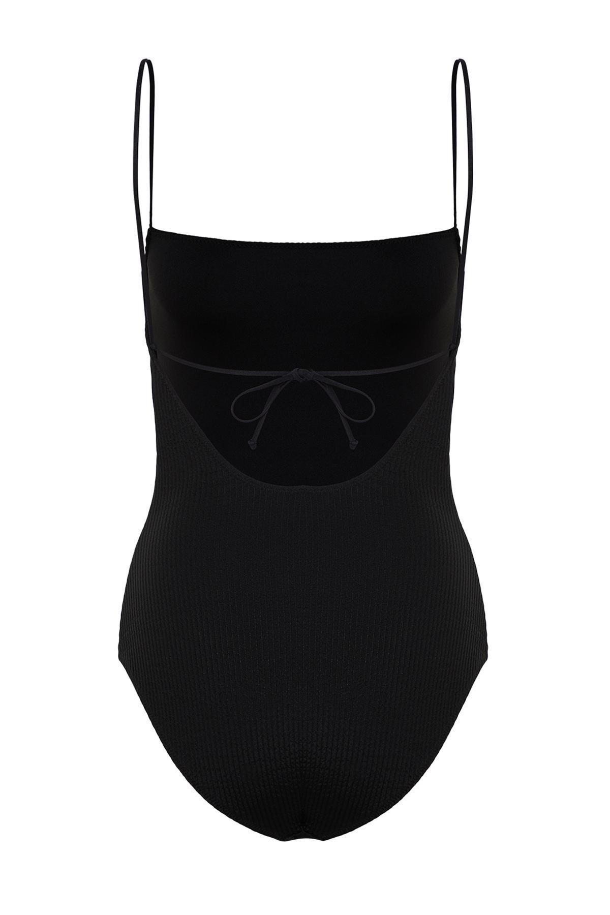 Trendyol - Black Square Neck Textured Swimsuit