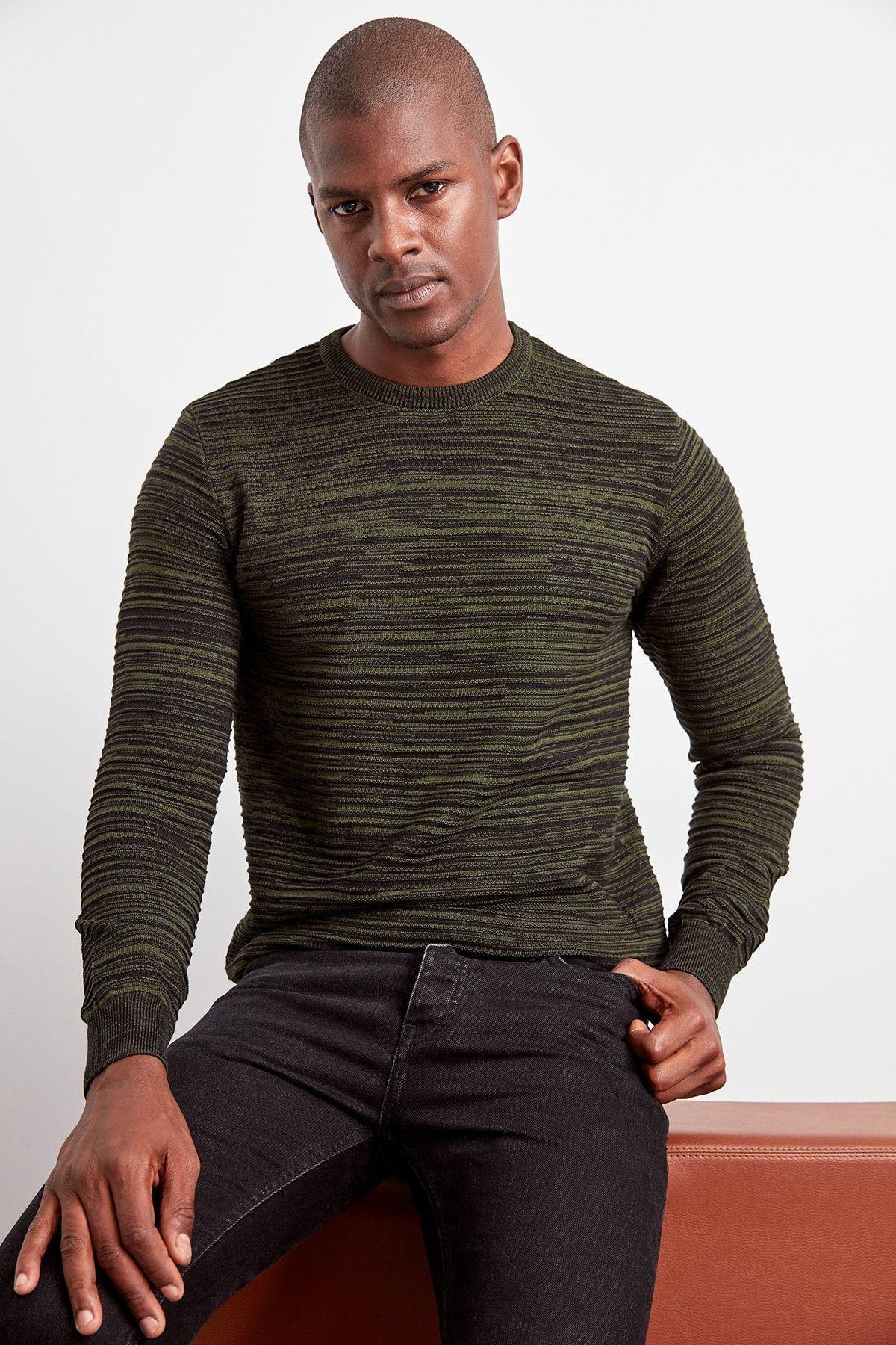 Khaki Stripe Casual Sweater TMNAW20LS0008, , large image number 1