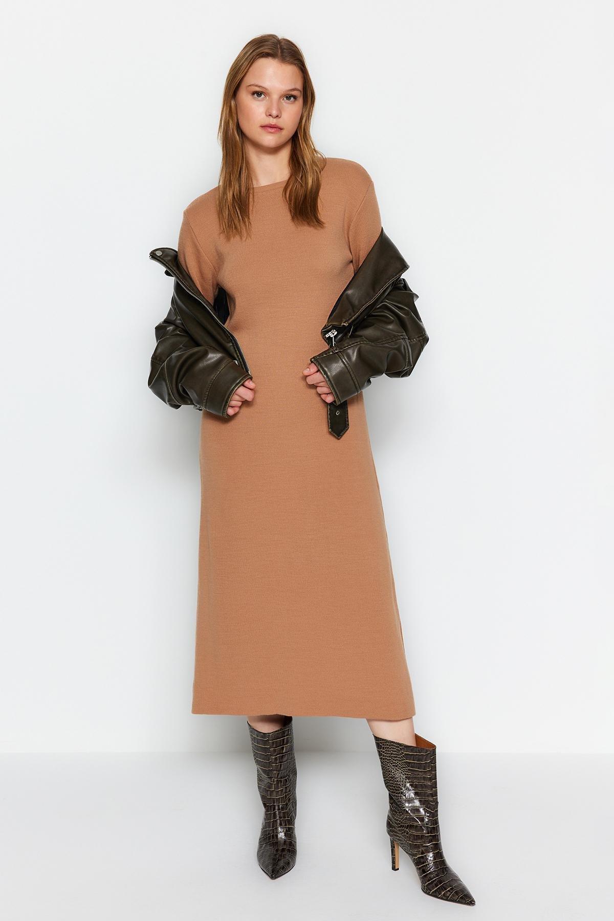 Beige Plain Knitted Dress, Beige, large image number 0