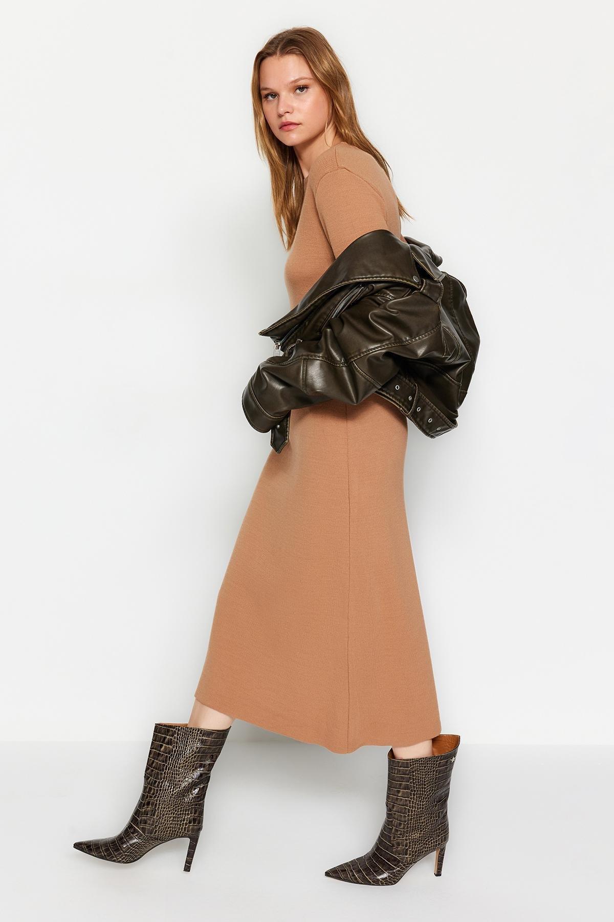 Beige Plain Knitted Dress, Beige, large image number 1