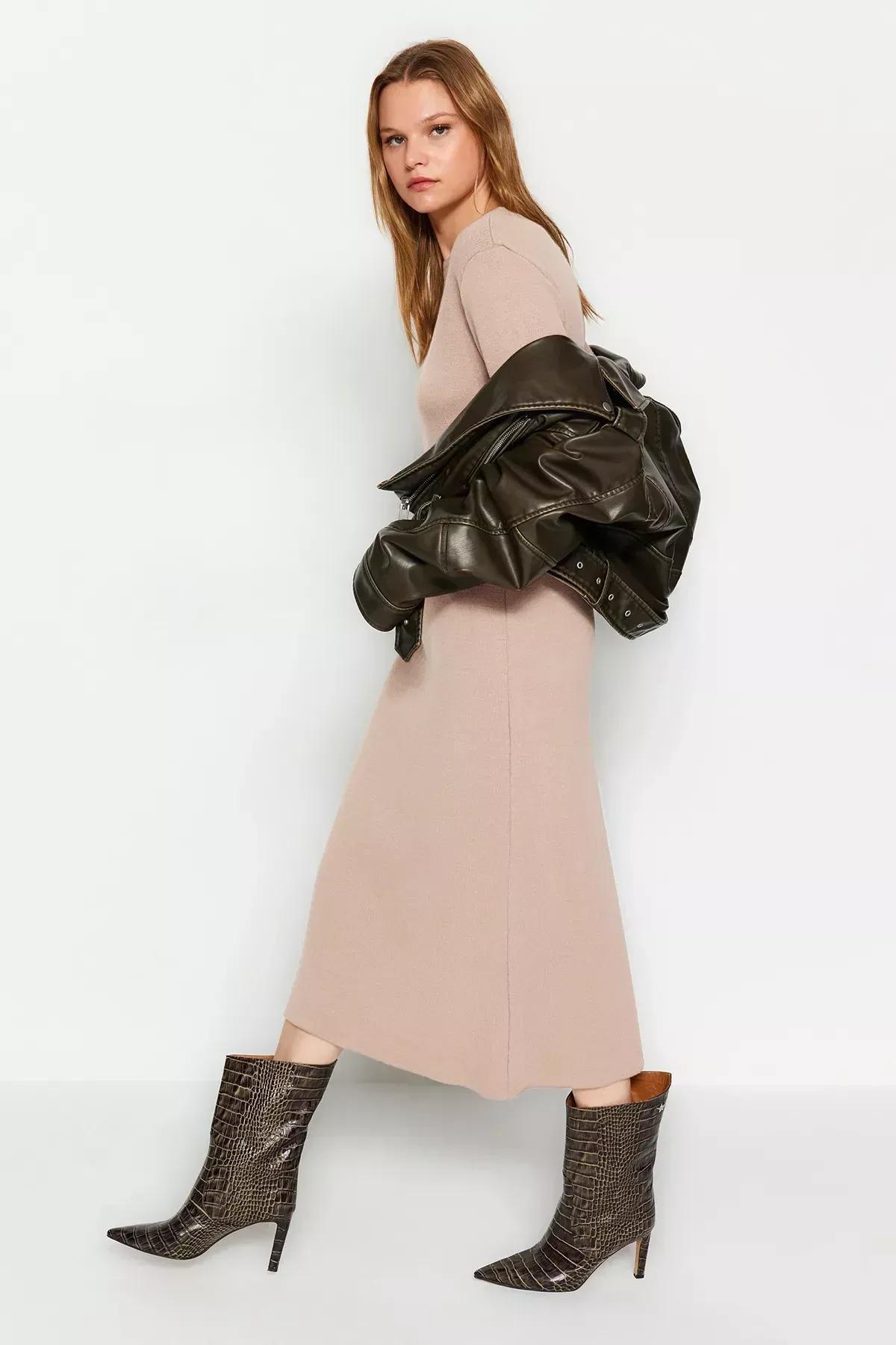 Beige Plain Knitted Dress, Beige, large image number 1