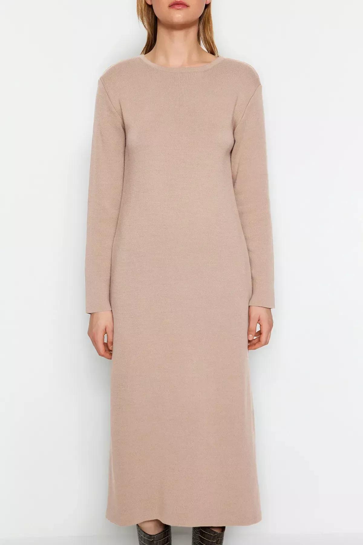 Beige Plain Knitted Dress, Beige, large image number 3