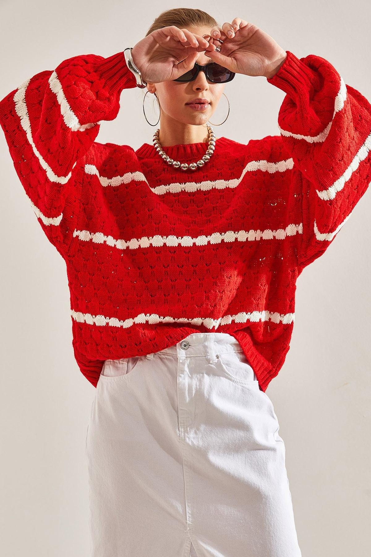 Red Striped Balloon Sleeve Knitted Sweater, C101_1836, large image number 0