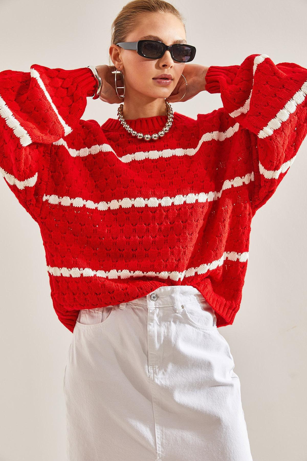 Red Striped Balloon Sleeve Knitted Sweater, C101_1836, large image number 1