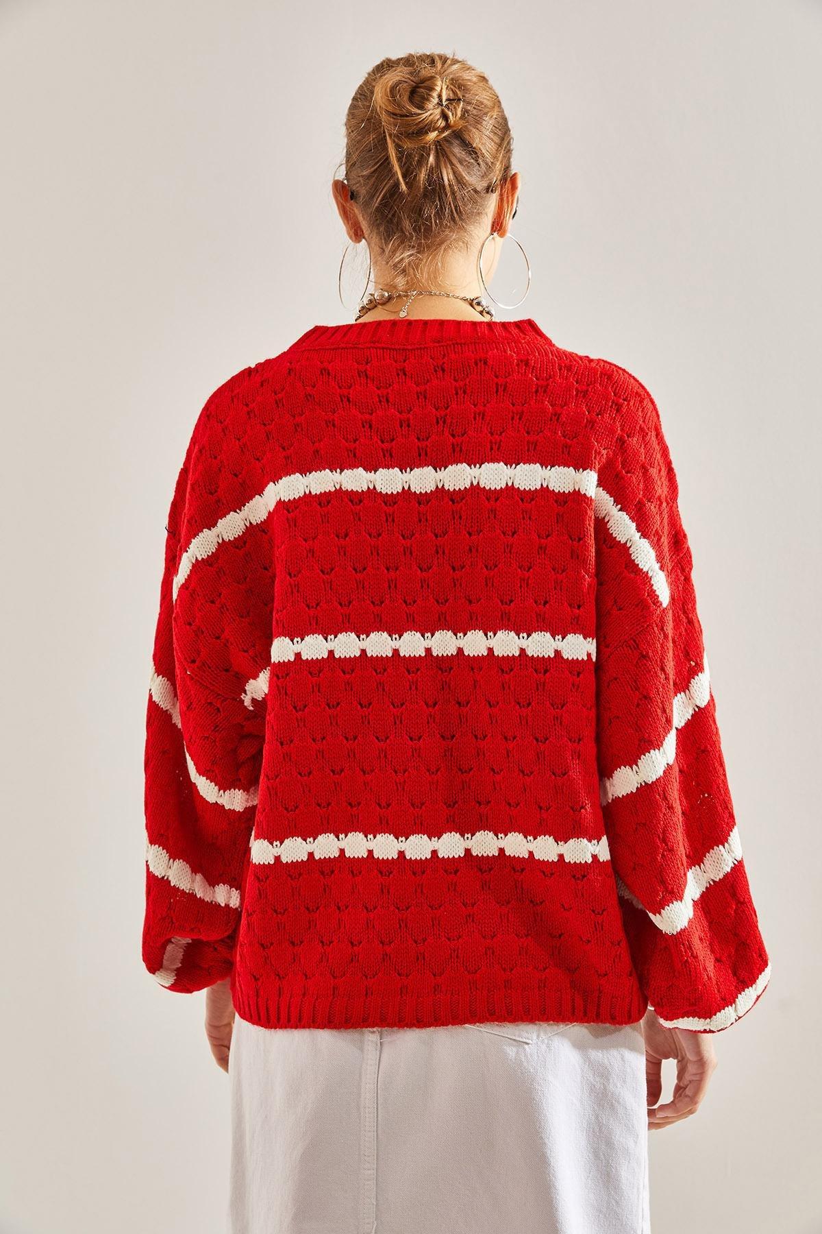 Red Striped Balloon Sleeve Knitted Sweater, C101_1836, large image number 2