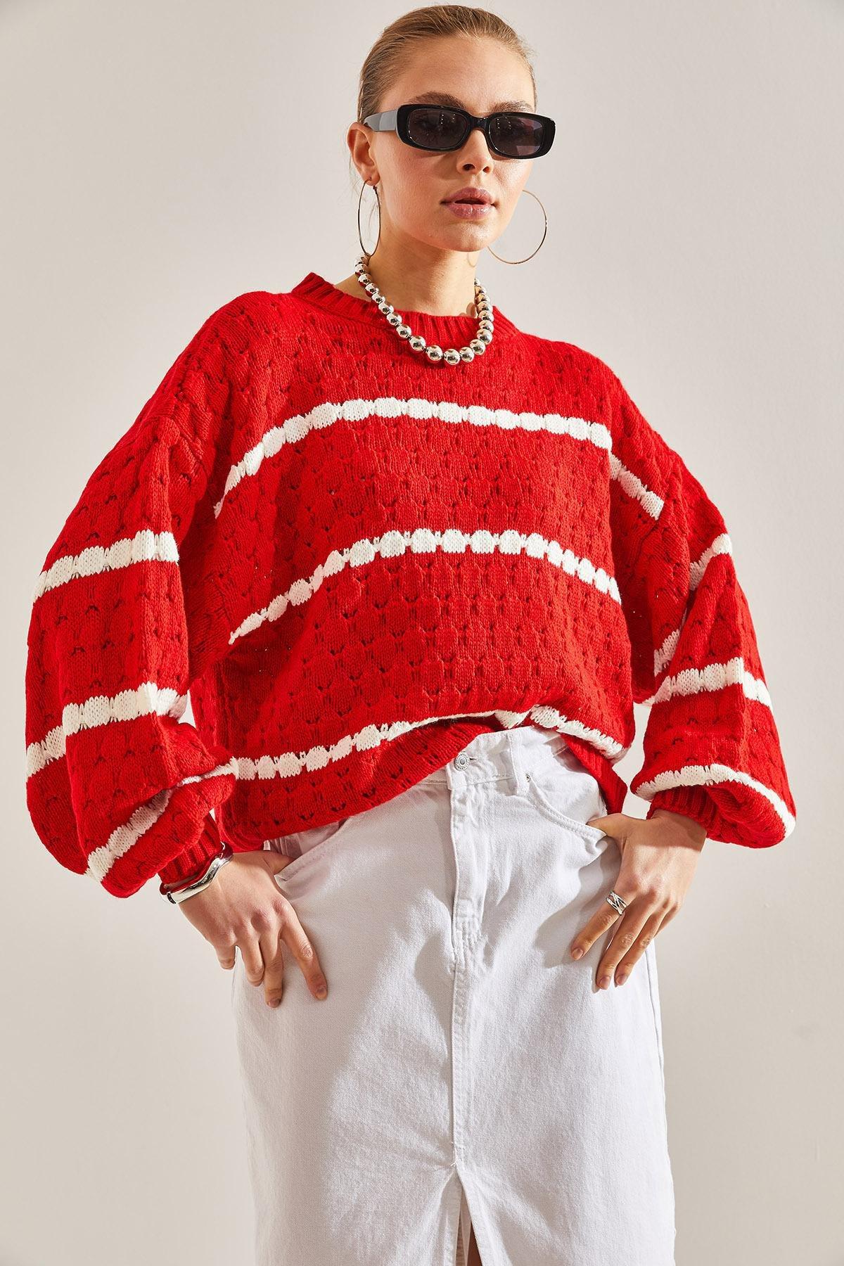 Red Striped Balloon Sleeve Knitted Sweater, C101_1836, large image number 3
