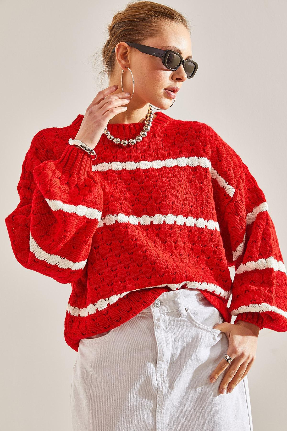 Red Striped Balloon Sleeve Knitted Sweater, C101_1836, large image number 4