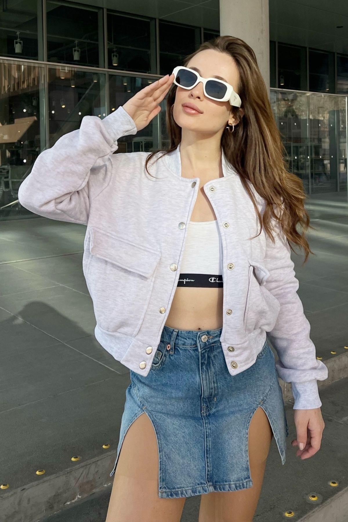 Grey Raised Double Pocket Bomber Jacket, , large image number 0