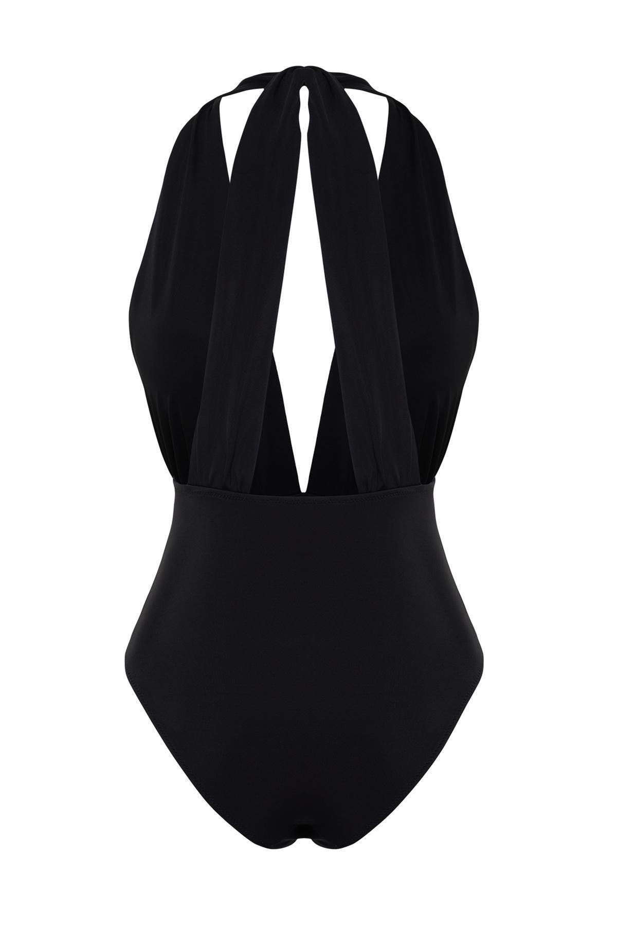 Black Low Cut Plain Swimsuit, , large image number 6