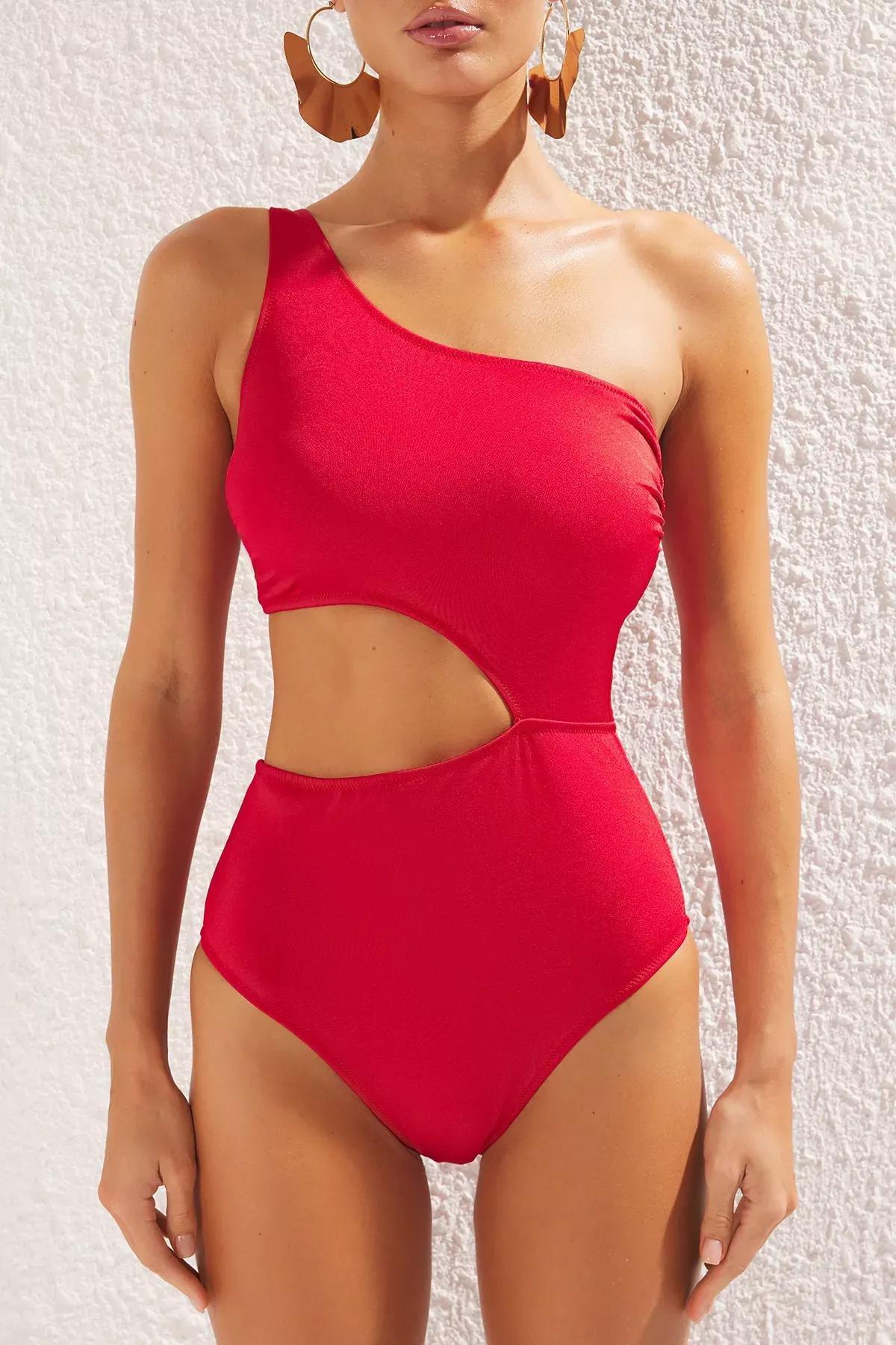 Red One Shoulder Windowed Swimsuit, C101_1831, large image number 2