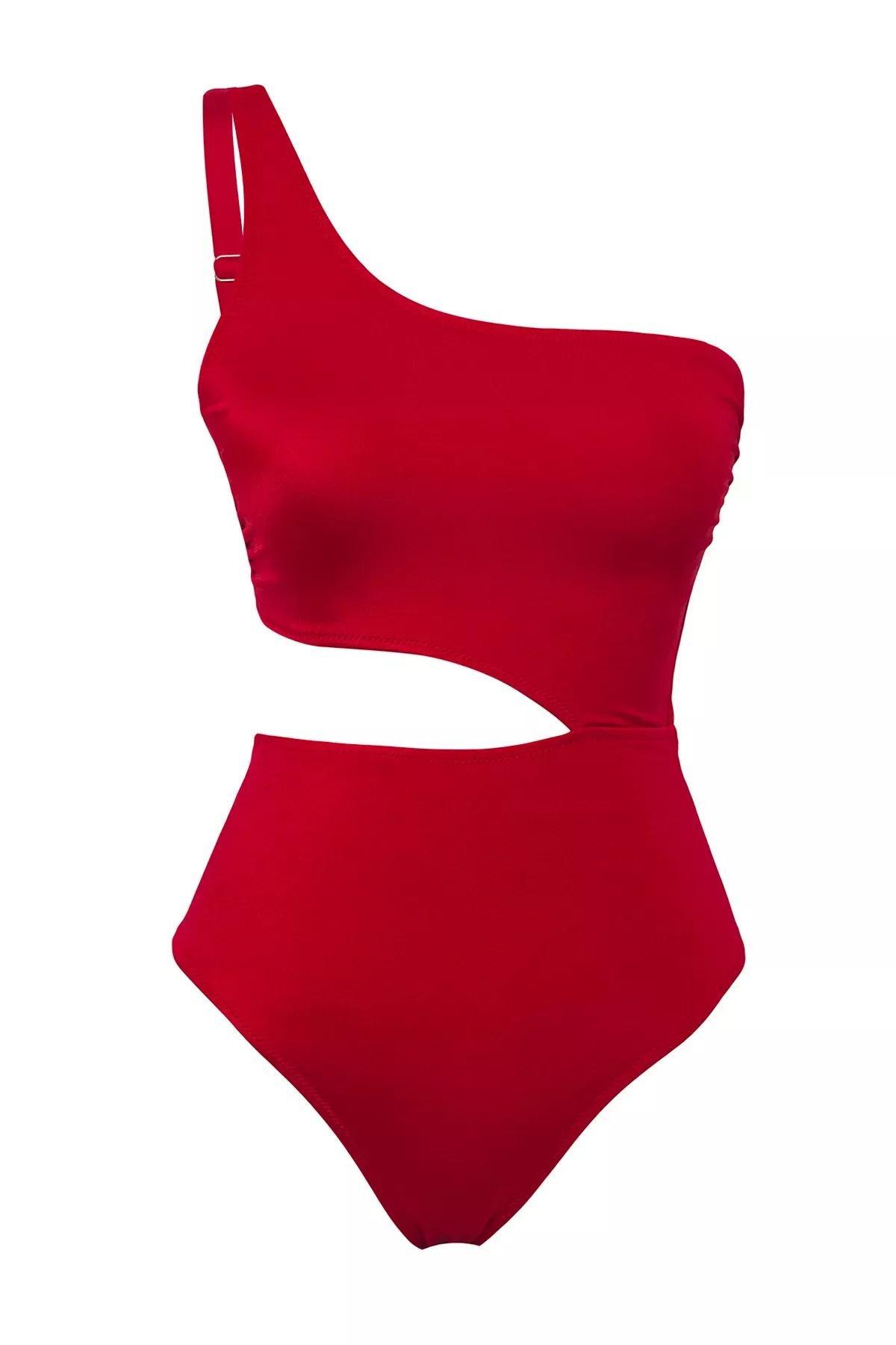 Red One Shoulder Windowed Swimsuit, C101_1831, large image number 4