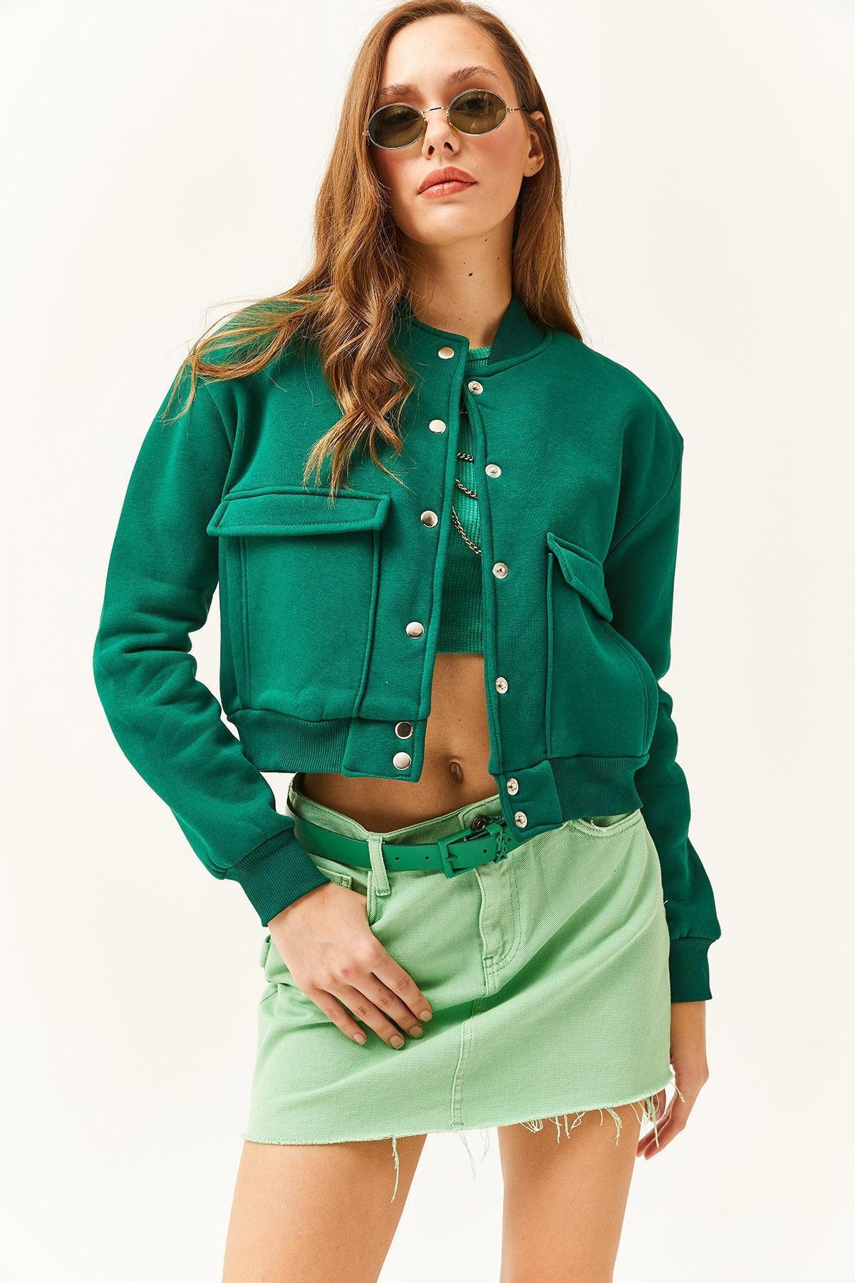 Womens Emerald Green Pocket Snap Closure Fleece Crop Jacket CKT-19000365, single, , large image number 0