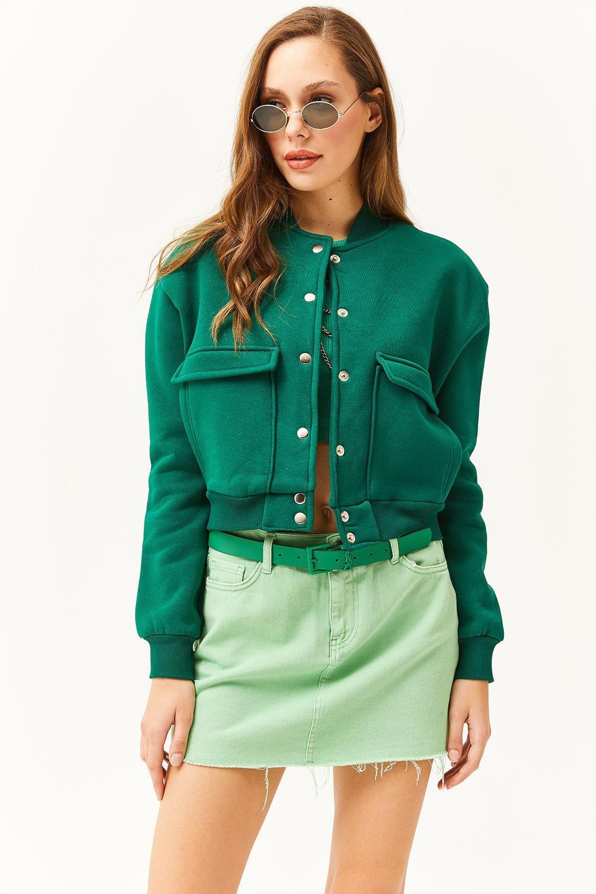 Womens Emerald Green Pocket Snap Closure Fleece Crop Jacket CKT-19000365, single, , large image number 1