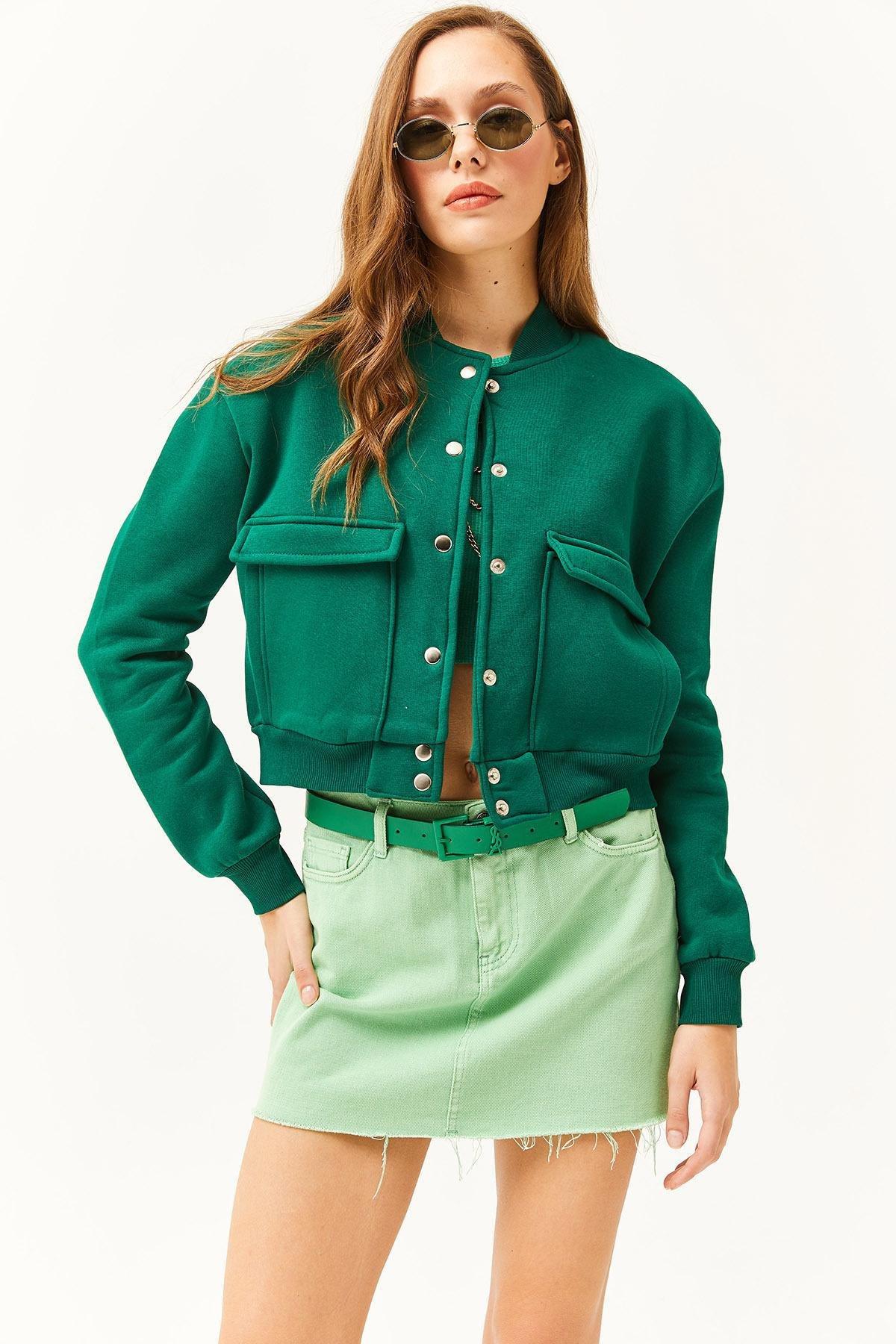 Womens Emerald Green Pocket Snap Closure Fleece Crop Jacket CKT-19000365, single, , large image number 2