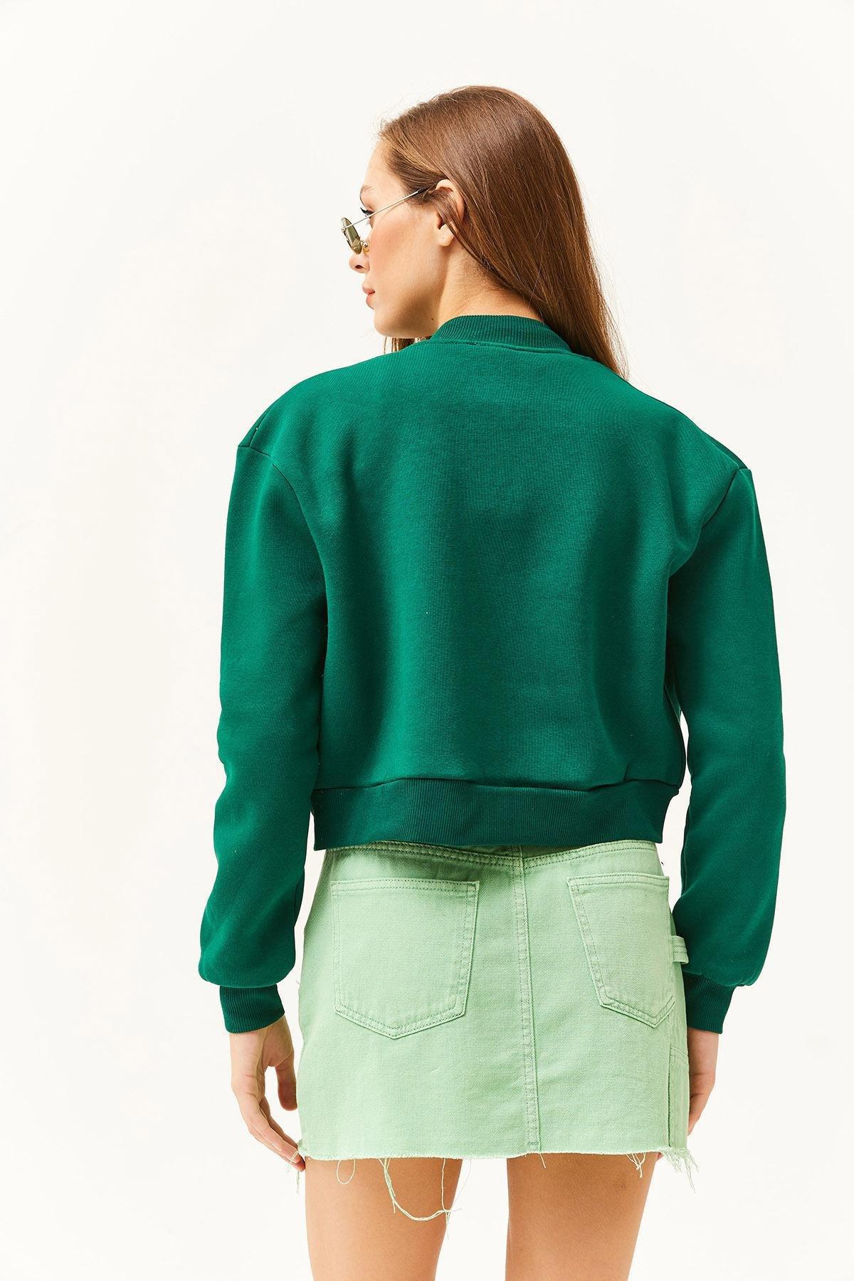 Womens Emerald Green Pocket Snap Closure Fleece Crop Jacket CKT-19000365, single, , large image number 4