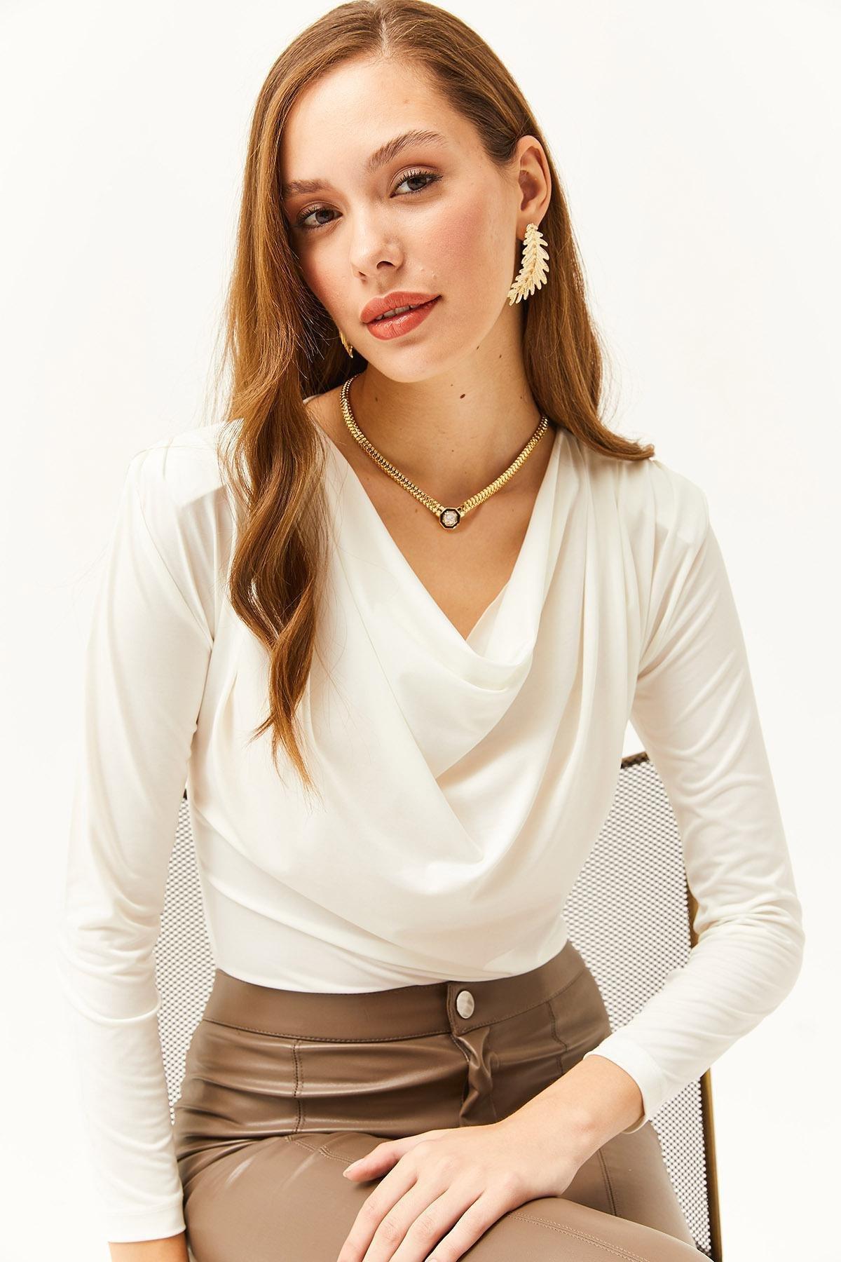 Ecru Roll Up Neck Collared Blouse, , large image number 1
