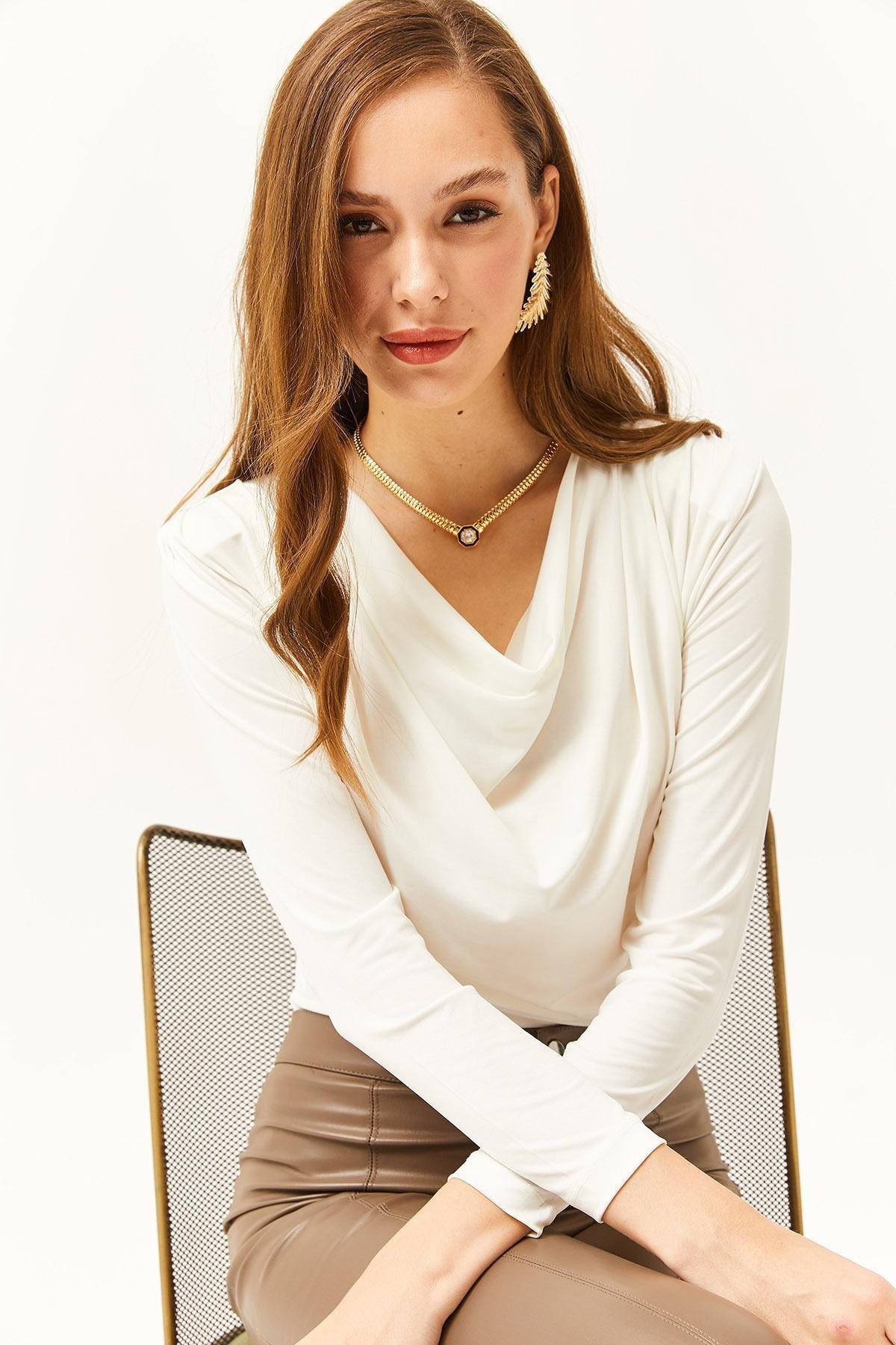 Ecru Roll Up Neck Collared Blouse, , large image number 2