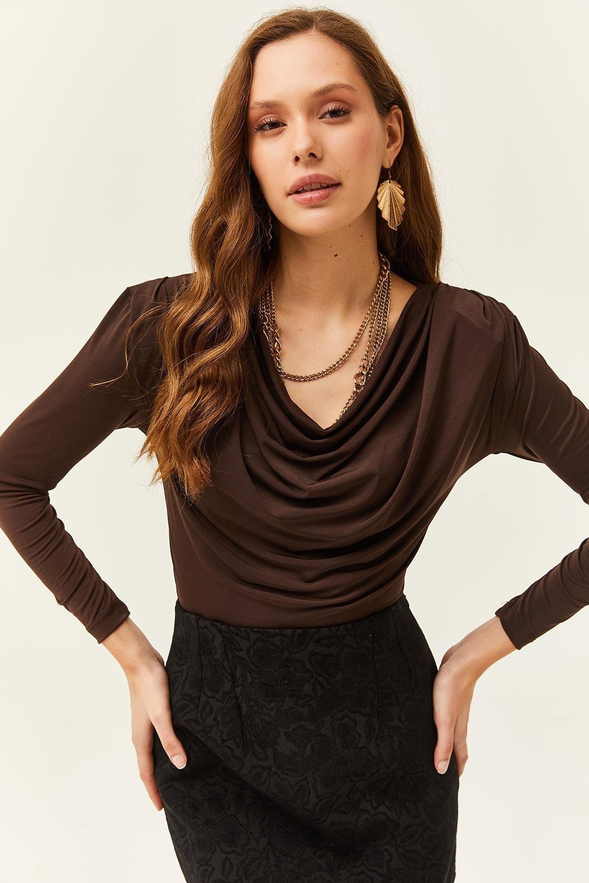 Brown Waistband Pleated Turndown Collar Blouse, Bitter Brown, medium