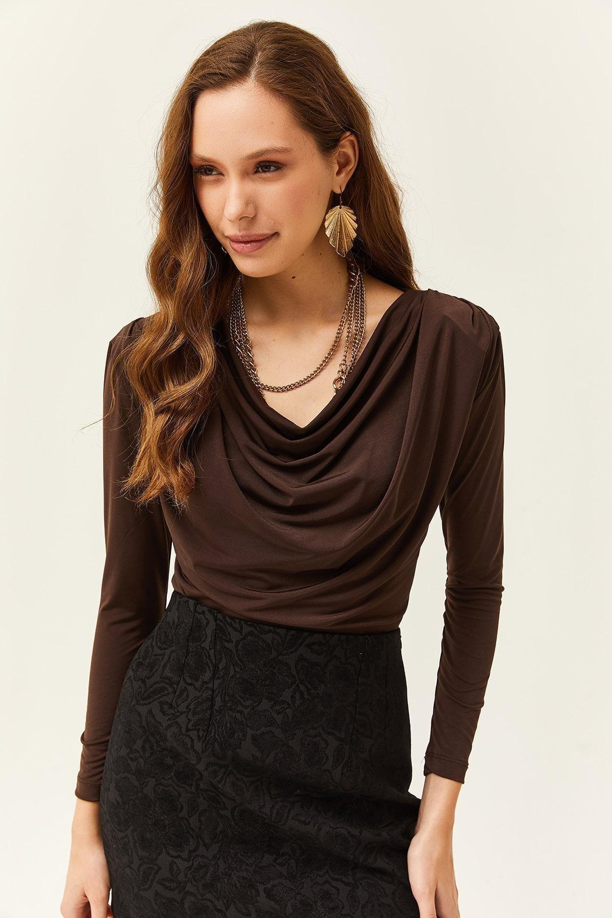 Brown Waistband Pleated Turndown Collar Blouse, Bitter Brown, large image number 1
