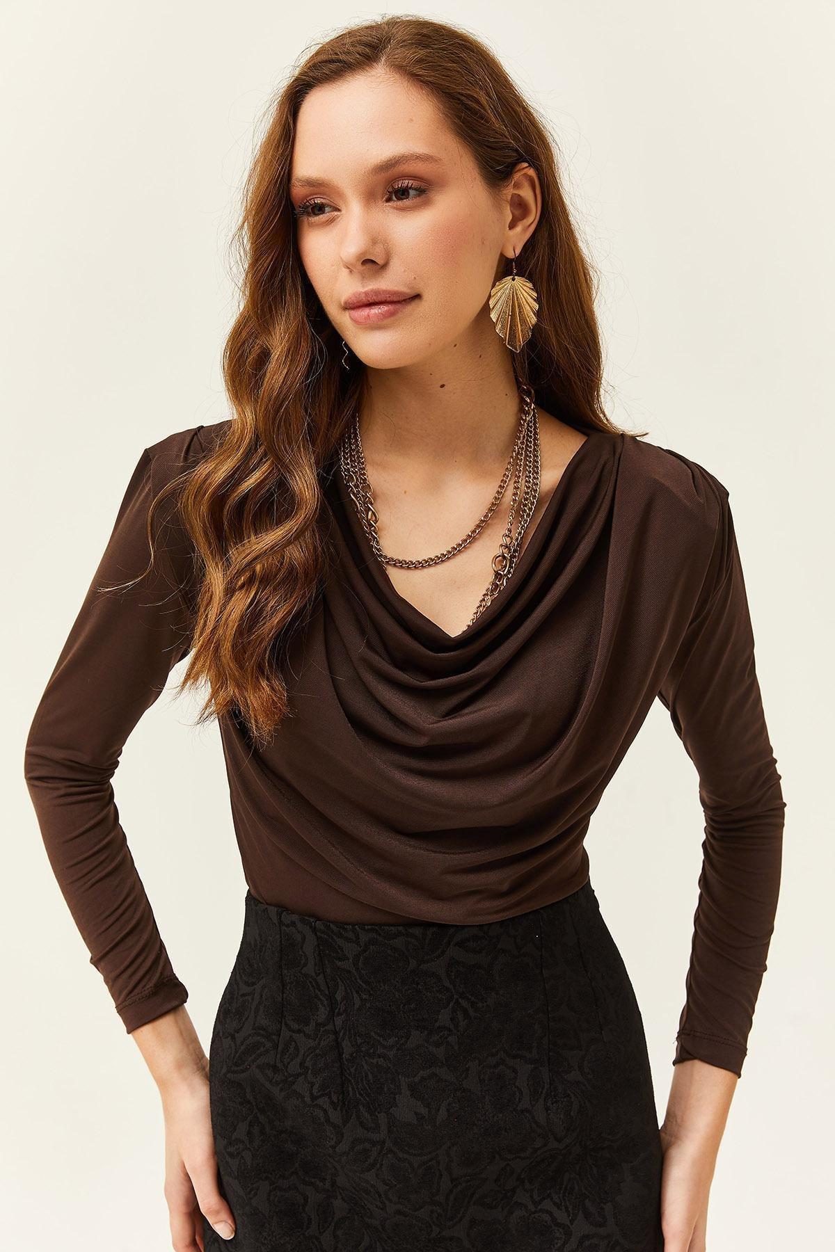 Brown Waistband Pleated Turndown Collar Blouse, Bitter Brown, large image number 2
