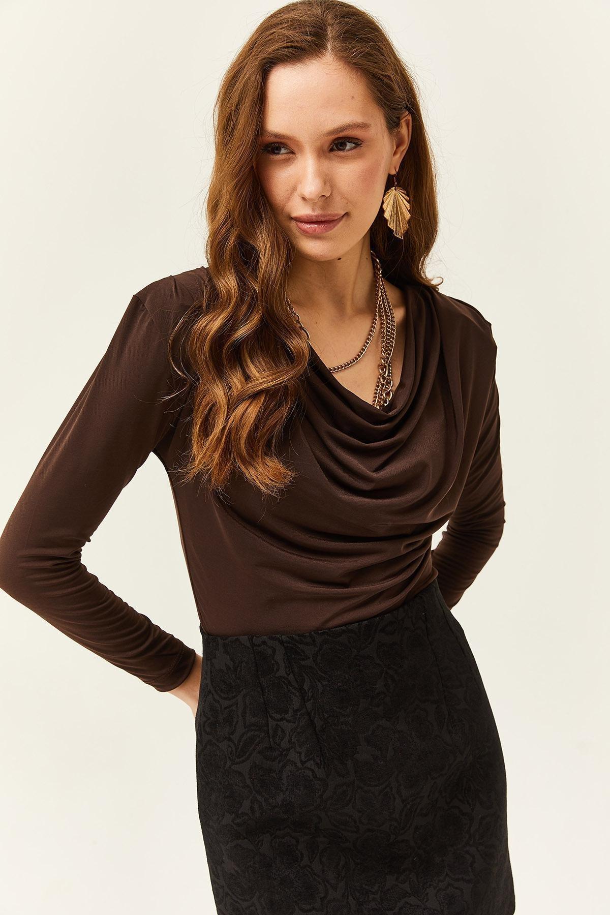 Brown Waistband Pleated Turndown Collar Blouse, Bitter Brown, large image number 4