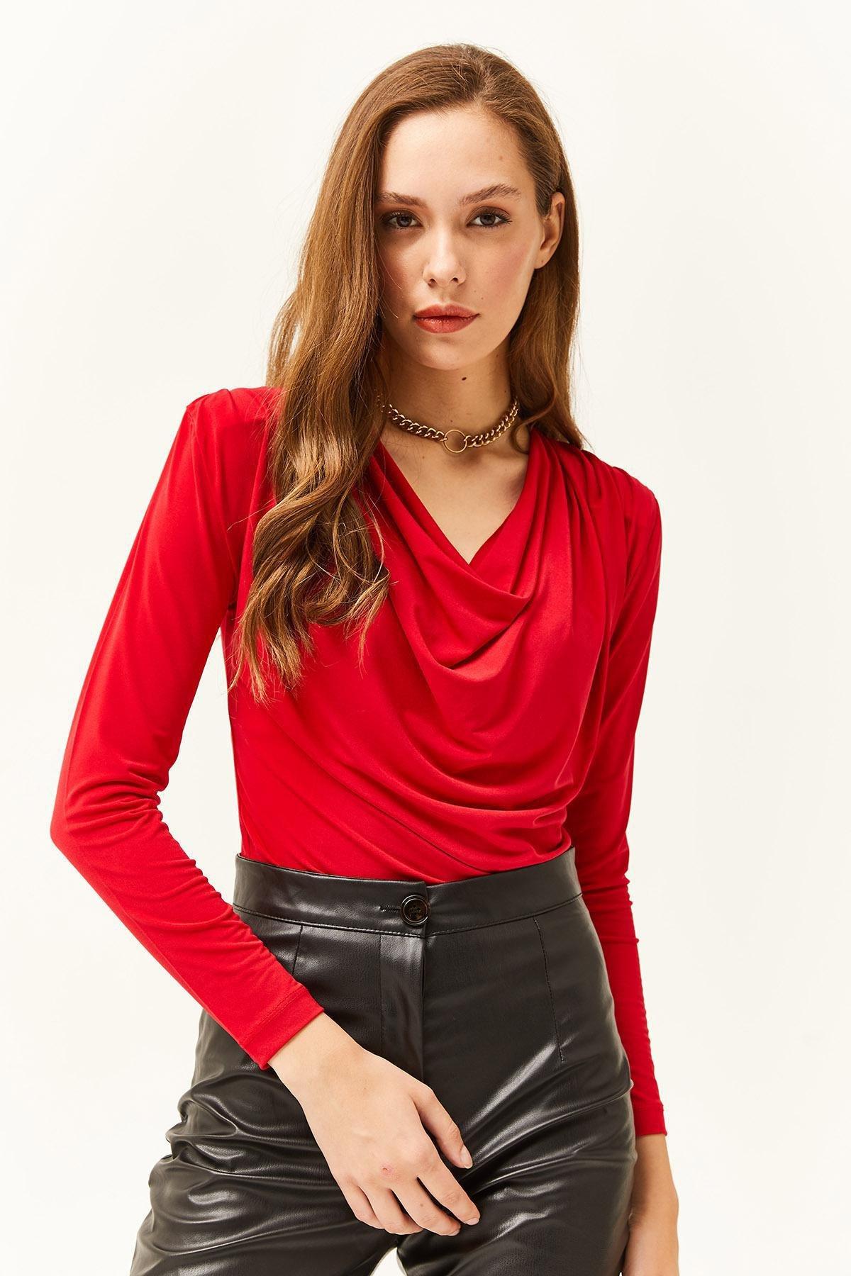 Red Padded Pleated Collar Blouse, Red, large image number 4