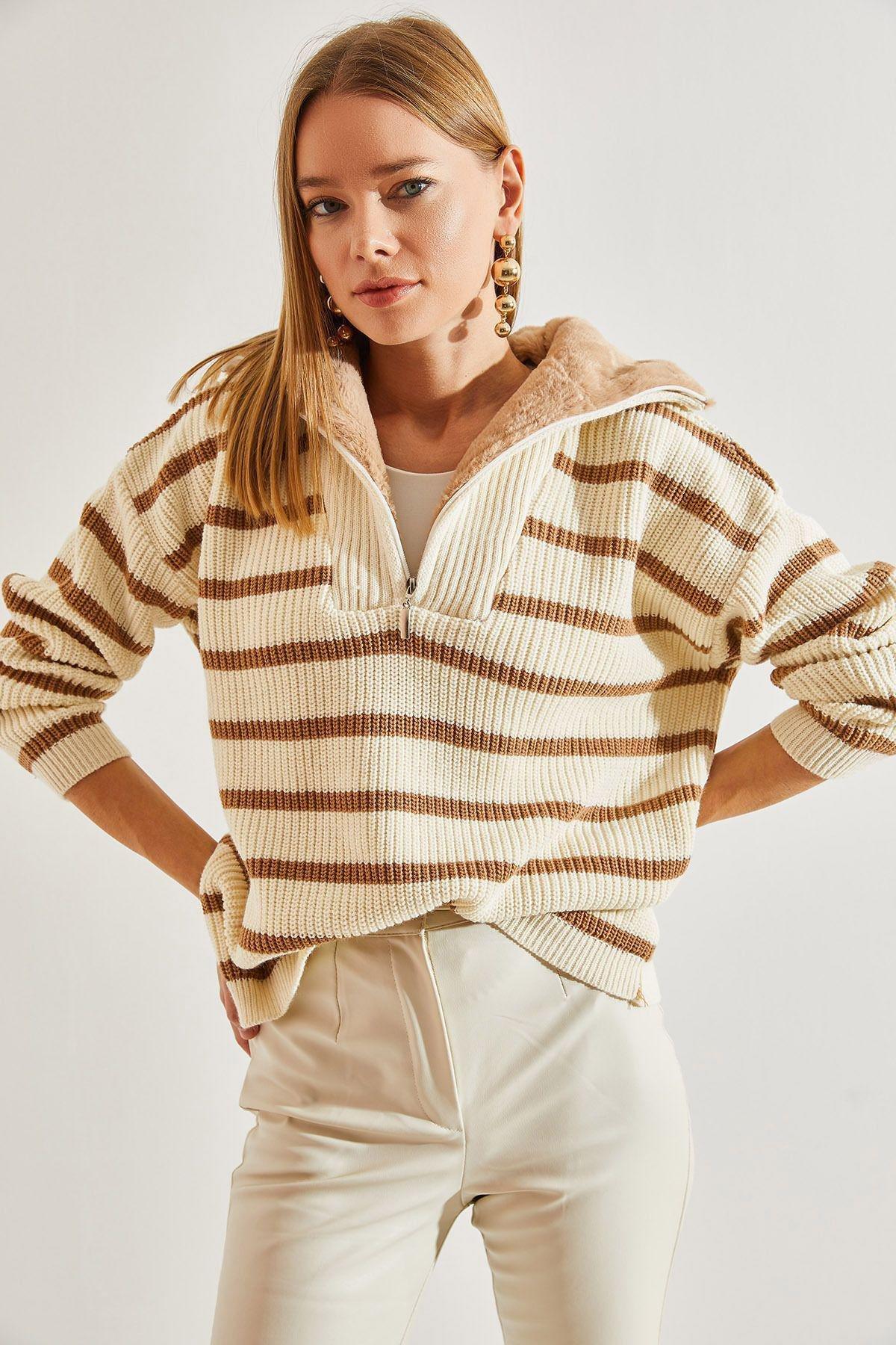 Beige Striped Zipper Knitted Sweater, C101_4888, large image number 0