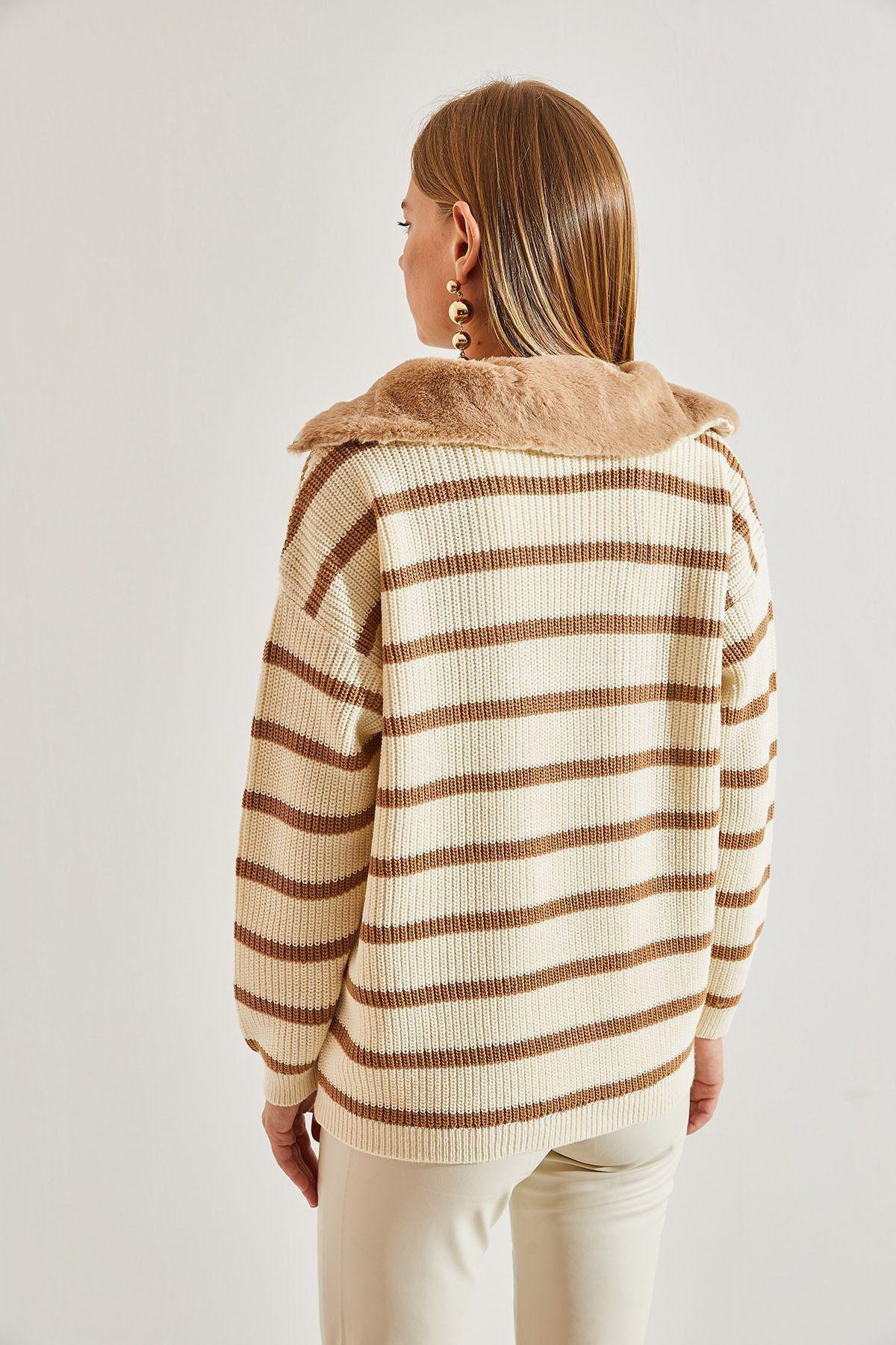 Beige Striped Zipper Knitted Sweater, C101_4888, large image number 3