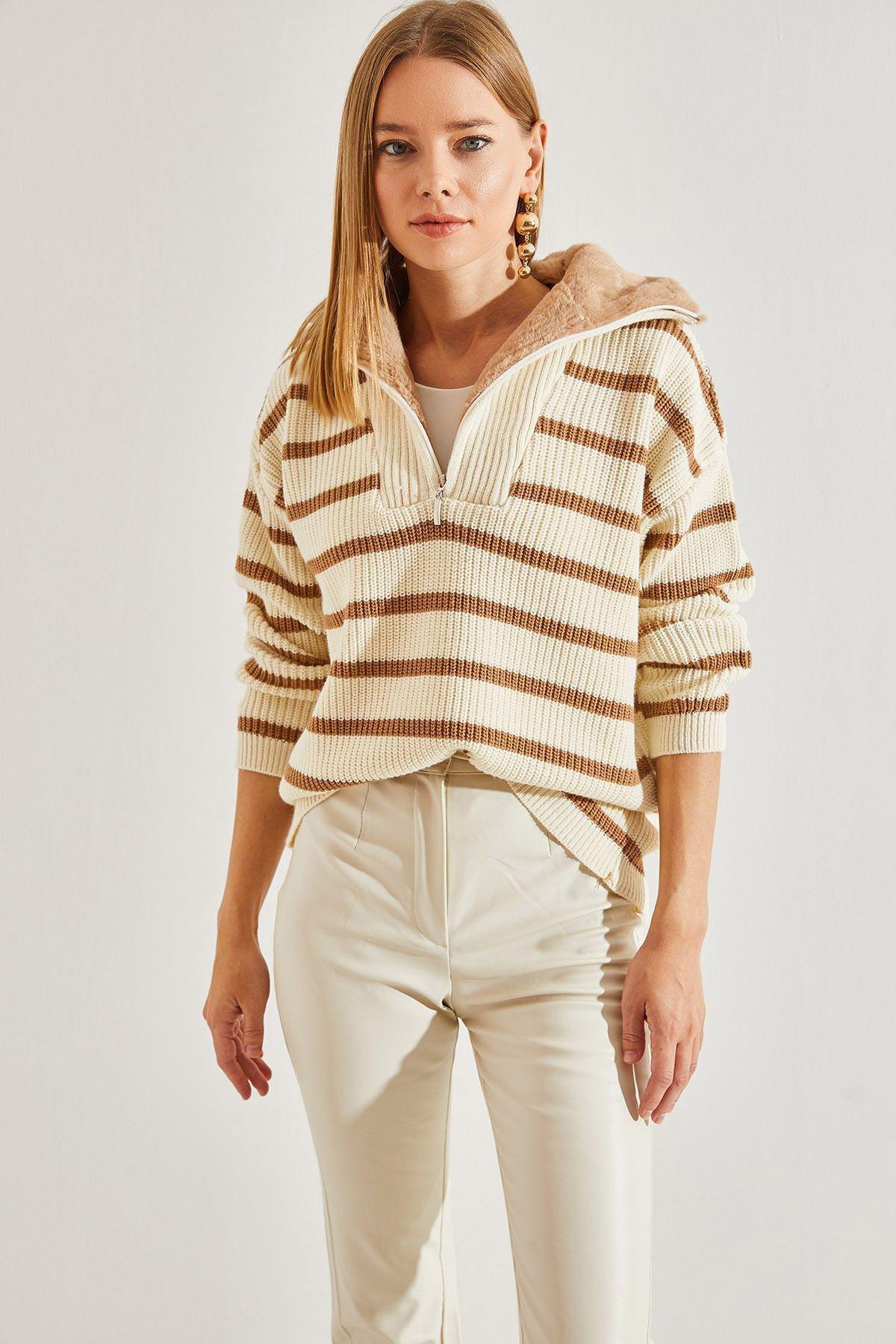 Beige Striped Zipper Knitted Sweater, C101_4888, large image number 4