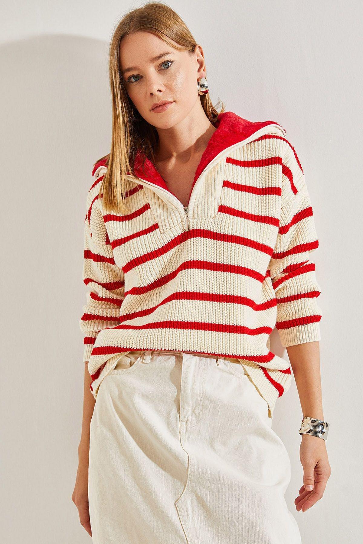 Multicolour Striped Zipper Knitted Sweater, C101_4892, large image number 0
