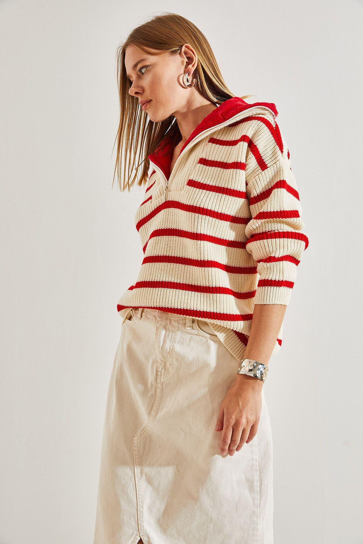 Multicolour Striped Zipper Knitted Sweater, C101_4892, large image number 2
